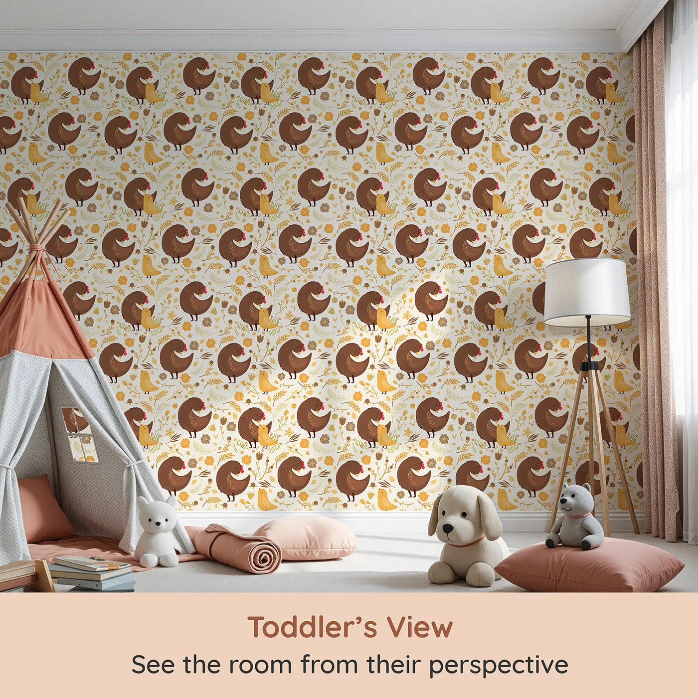 Whimsy Tots Hen and Chick Meadow Wallpaper in Cream Nest (W3161A) from your child's view.Snuggly hens and baby chicks bring warmth to every blooming corner.