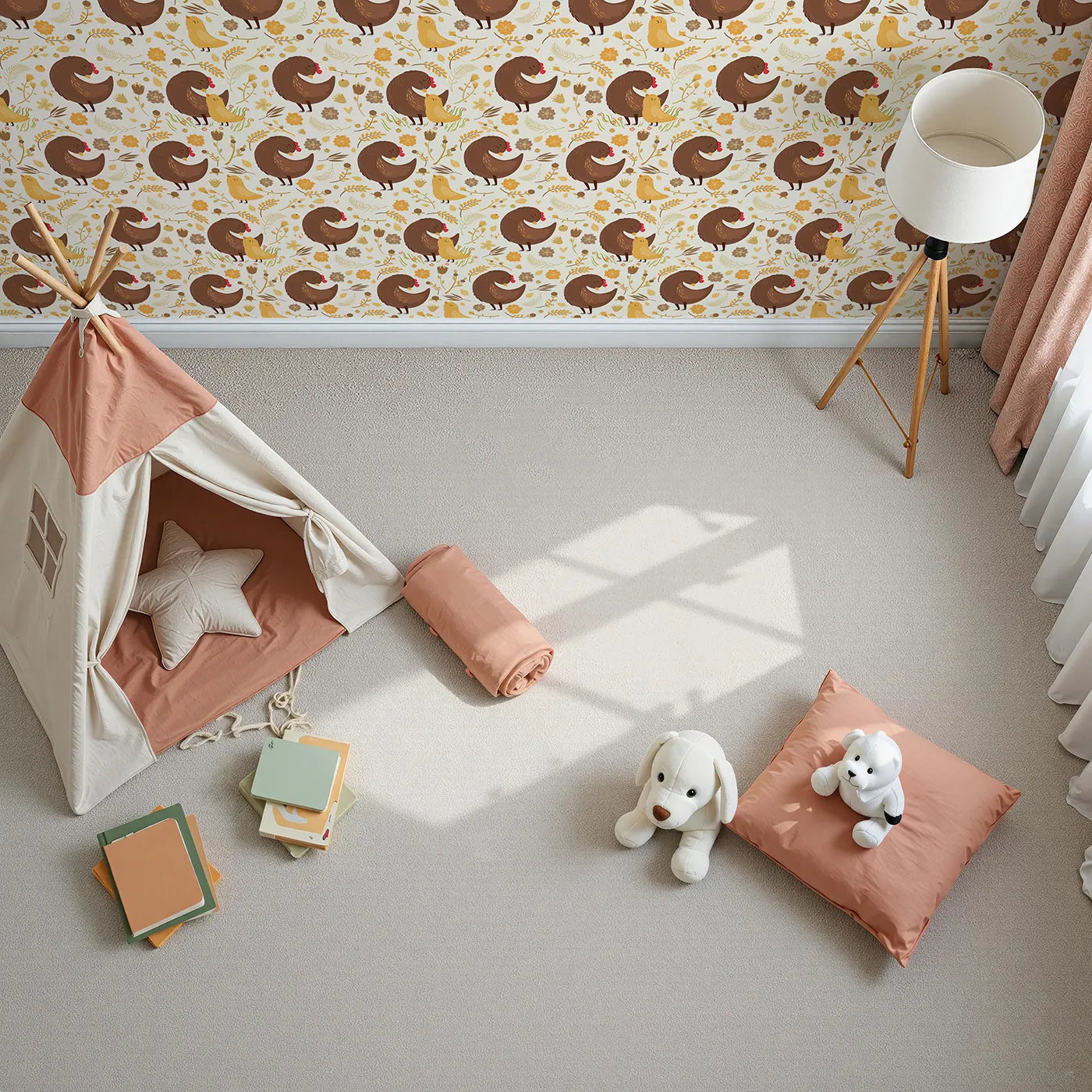 Top-Down view of Whimsy Tots' Hen and Chick Meadow Wallpaper in Cream Nest (W3161A).Snuggly hens and baby chicks bring warmth to every blooming corner.
