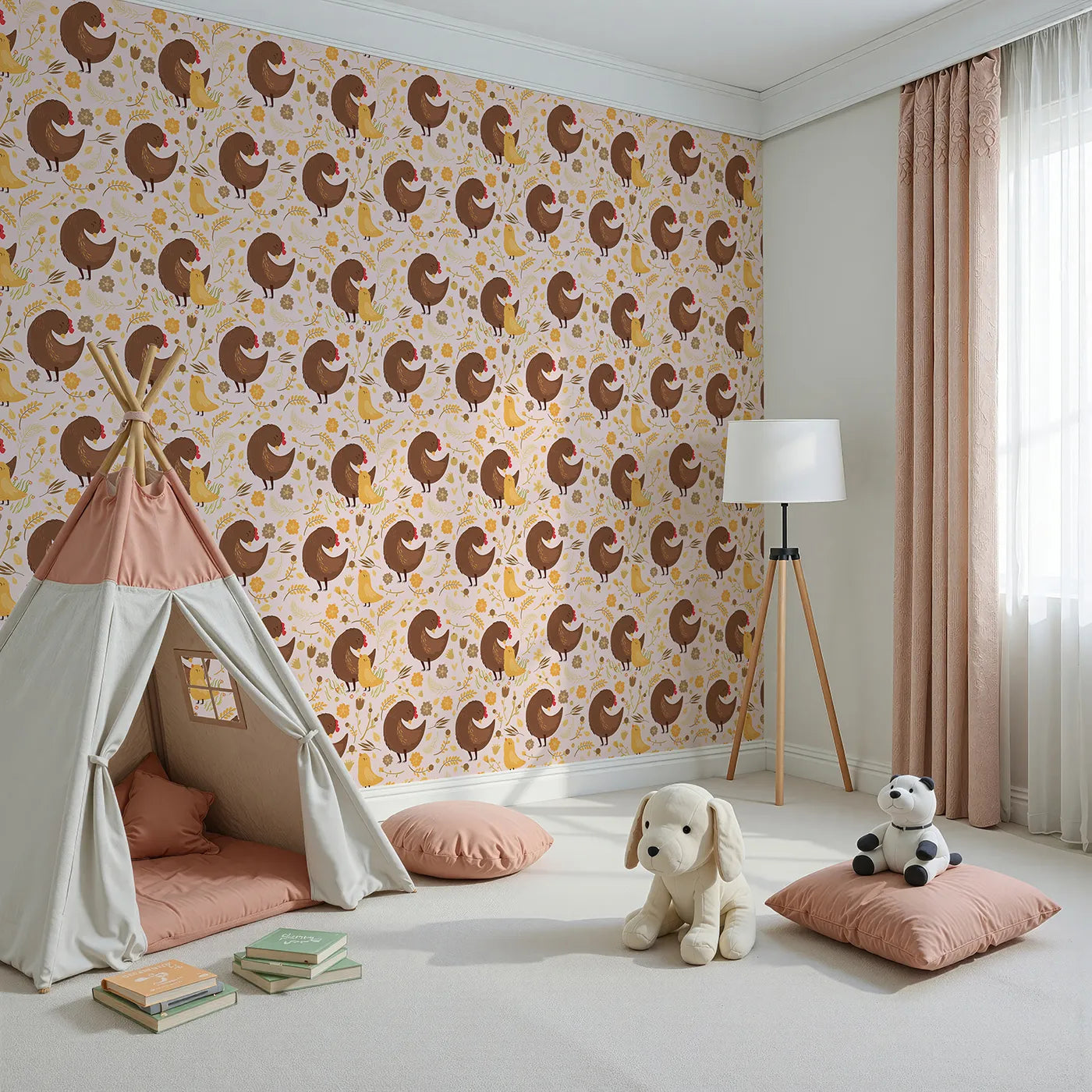 Angled view of Whimsy Tots' Hen and Chick Meadow Wallpaper in Blush Nest Pink (W3161B).Sweet hens and chicks snuggle in a pastel pink garden of calm.