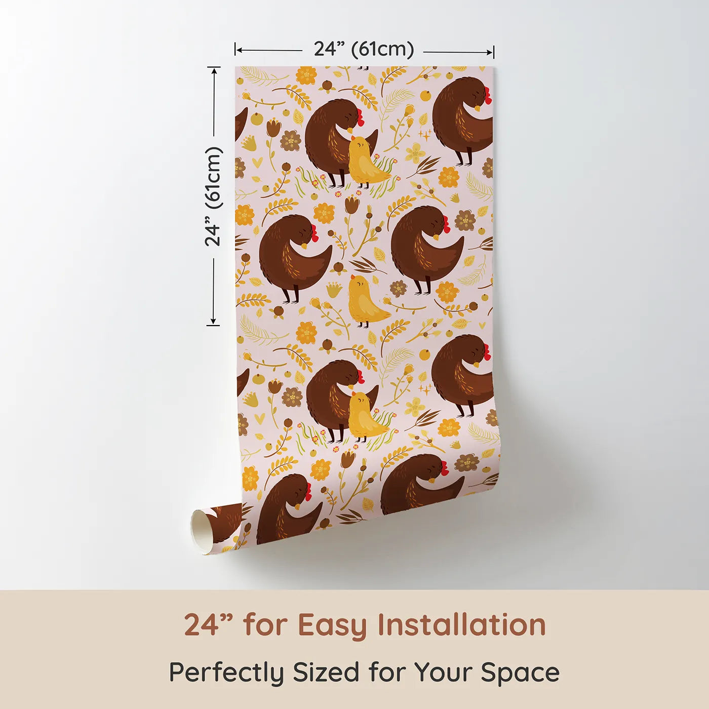 Dimension view of Whimsy Tots Hen and Chick Meadow Wallpaper in Blush Nest Pink (W3161B). Printed in 24-inch-wide panel for easy installation. Sweet hens and chicks snuggle in a pastel pink garden of calm.