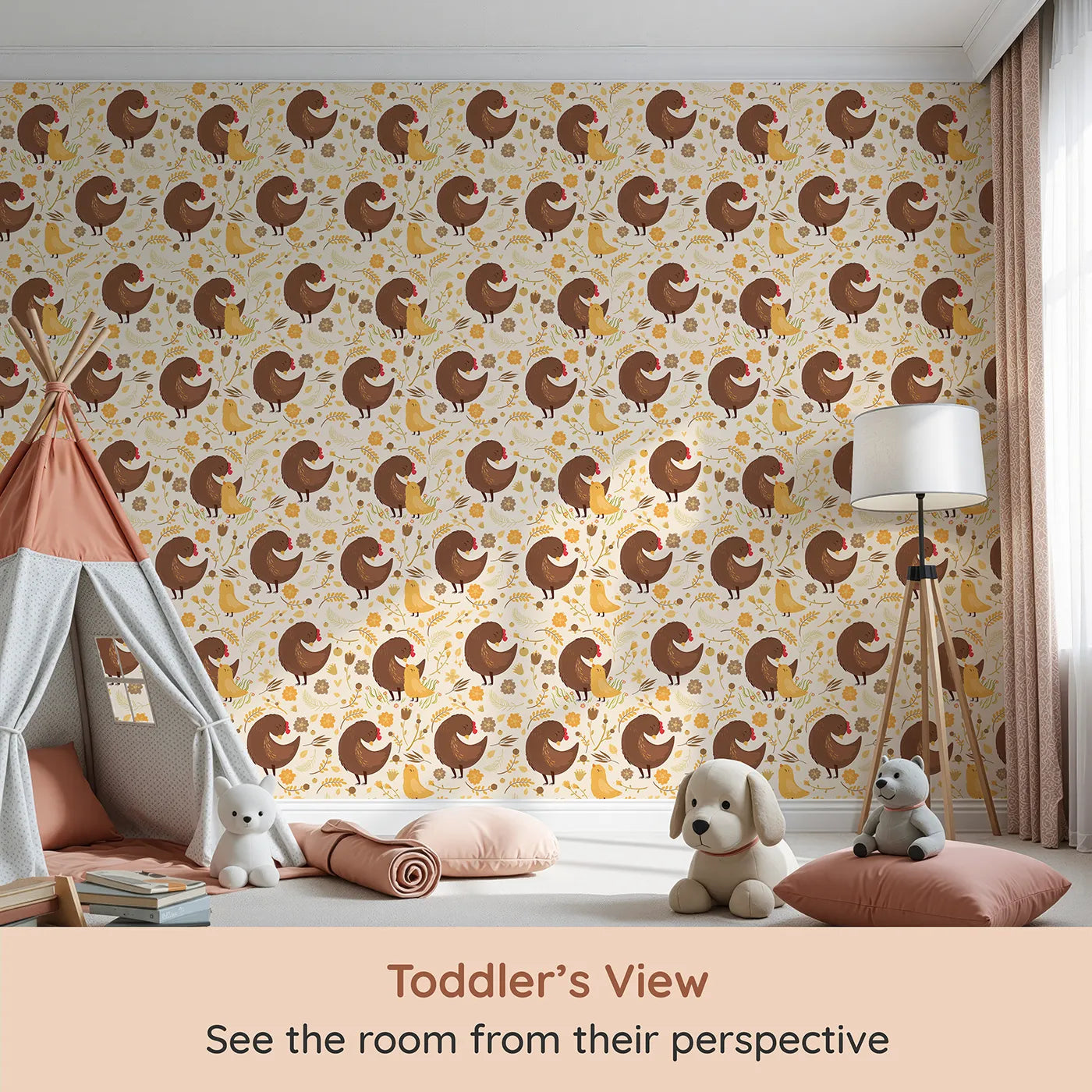 Whimsy Tots Hen and Chick Meadow Wallpaper in Honey Wheat Yellow (W3161C) from your child's view.Snuggly hens and fluffy chicks bloom in a cozy golden field.