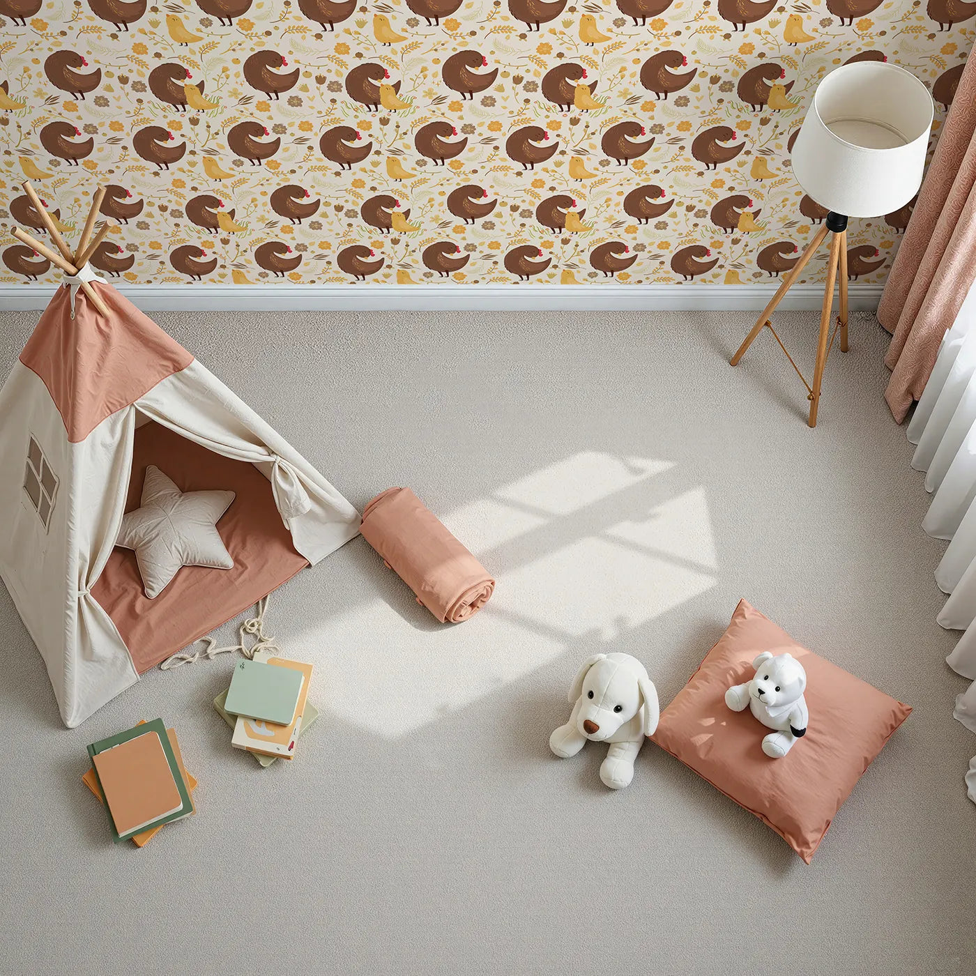 Top-Down view of Whimsy Tots' Hen and Chick Meadow Wallpaper in Honey Wheat Yellow (W3161C).Snuggly hens and fluffy chicks bloom in a cozy golden field.
