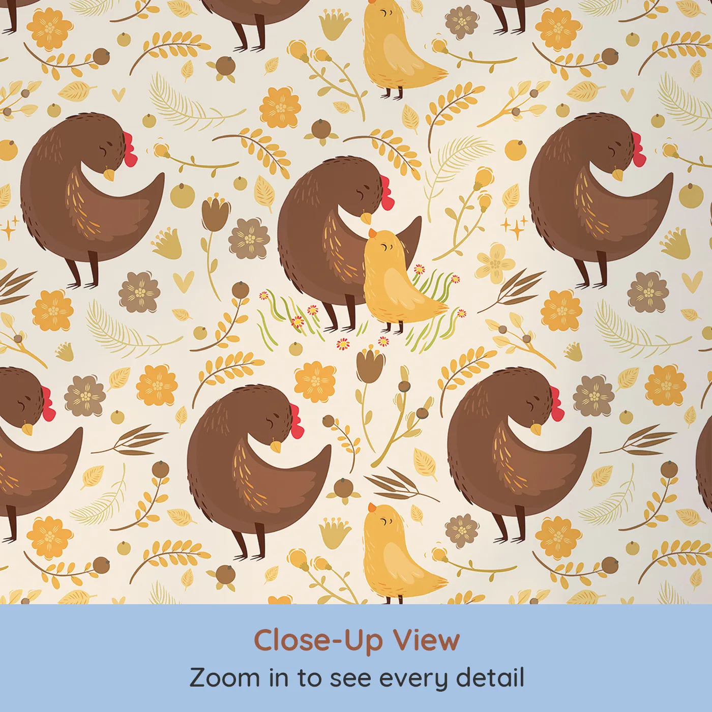 Close-up view of Whimsy Tots' Hen and Chick Meadow Wallpaper in Honey Wheat Yellow (W3161C).Snuggly hens and fluffy chicks bloom in a cozy golden field.