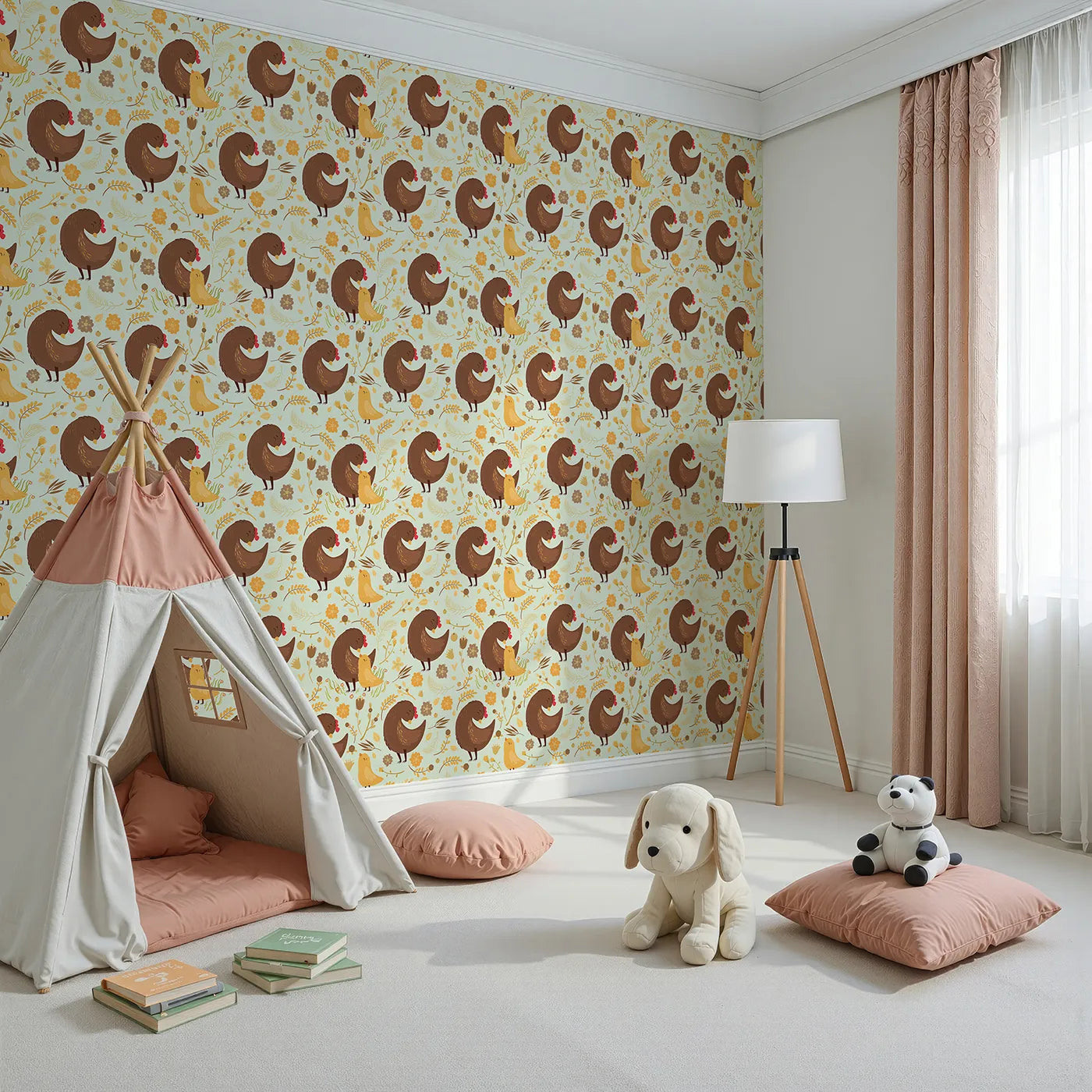 Angled view of Whimsy Tots' Hen and Chick Meadow Wallpaper in Soft Sage Green (W3161D).Sweet chicks and hens bloom together in a pastel green field of love.