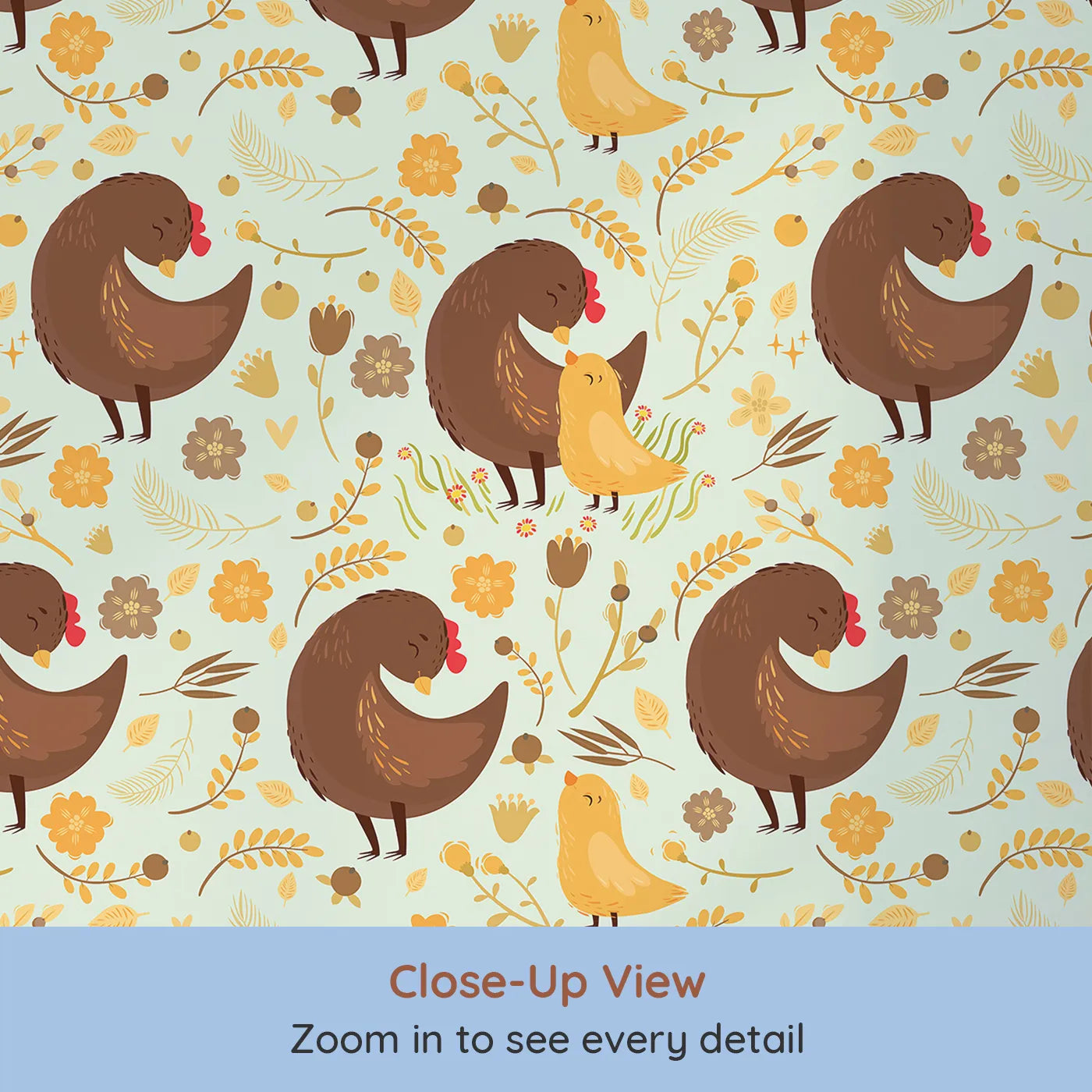 Close-up view of Whimsy Tots' Hen and Chick Meadow Wallpaper in Soft Sage Green (W3161D).Sweet chicks and hens bloom together in a pastel green field of love.