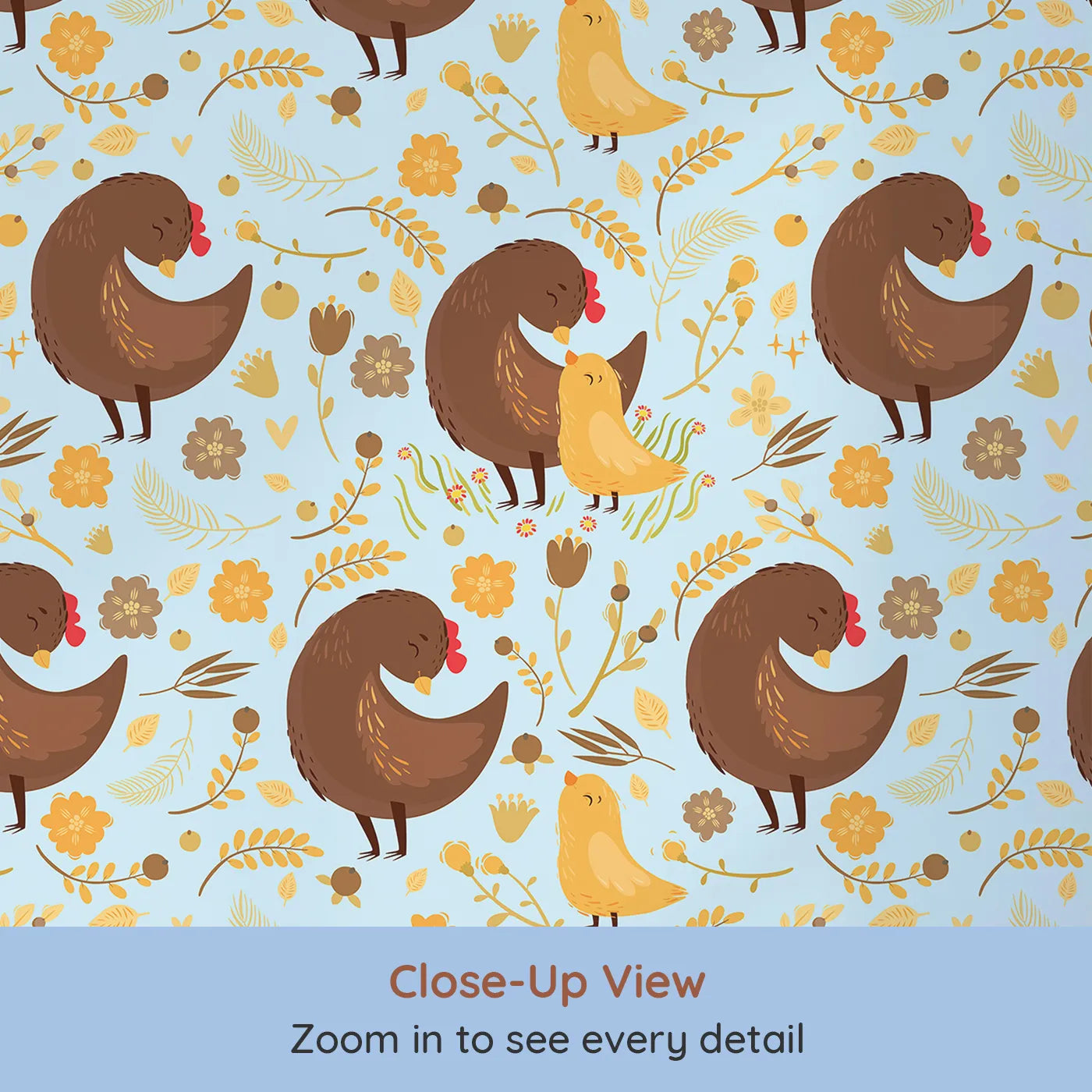 Close-up view of Whimsy Tots' Hen and Chick Meadow Wallpaper in Sky Blue (W3161E).Fluffy chicks and cozy hens bloom across a gentle sky of love.