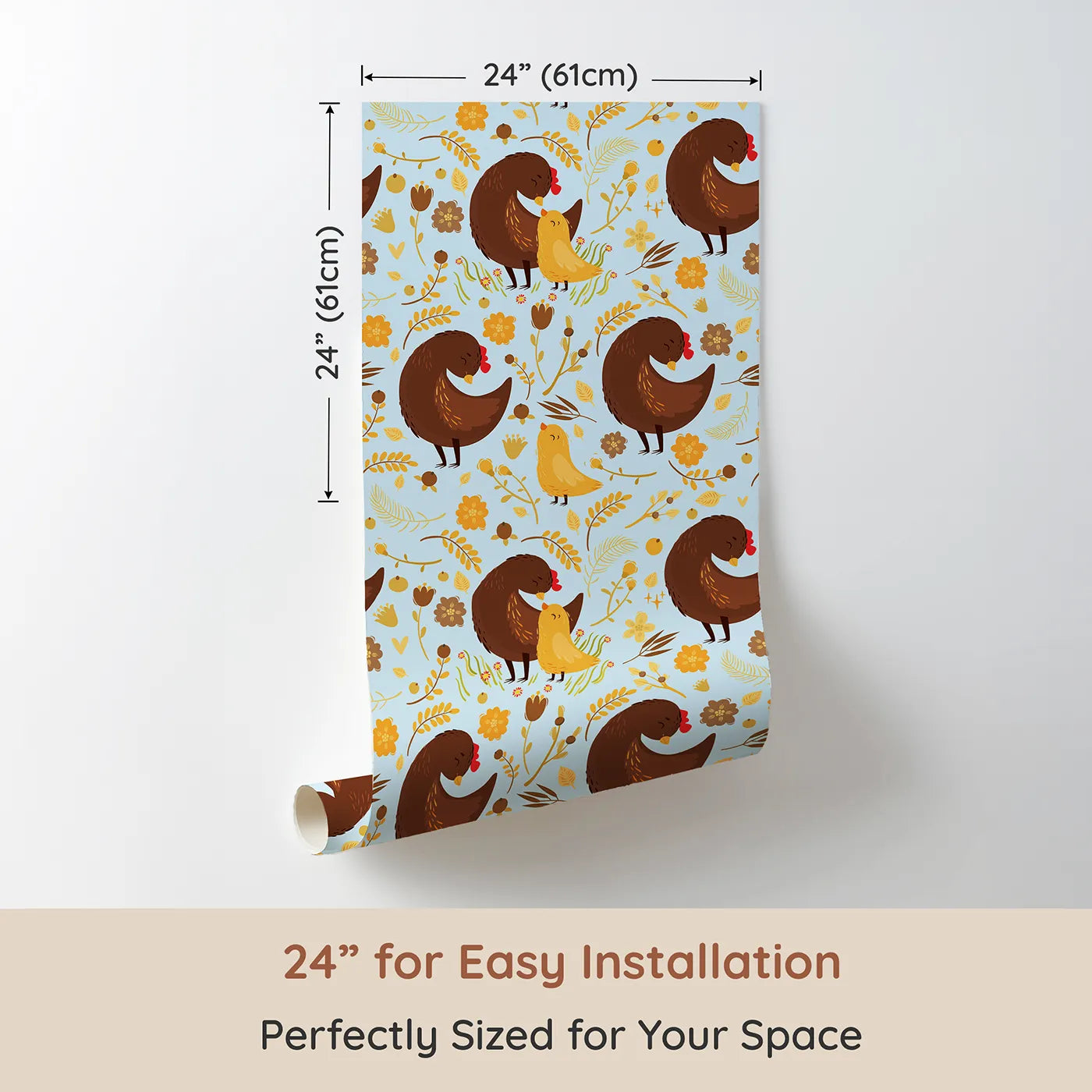 Dimension view of Whimsy Tots Hen and Chick Meadow Wallpaper in Sky Blue (W3161E). Printed in 24-inch-wide panel for easy installation. Fluffy chicks and cozy hens bloom across a gentle sky of love.