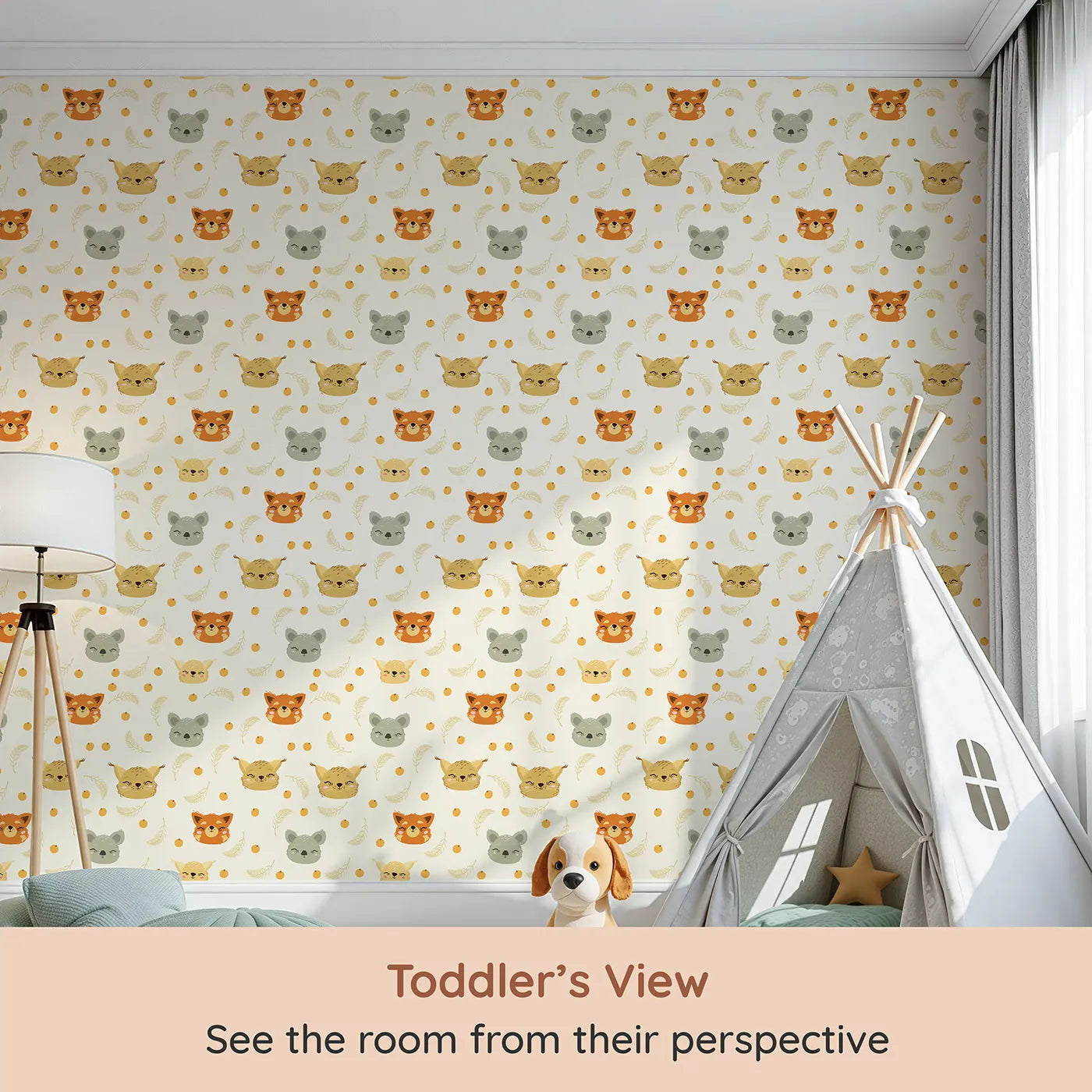 Whimsy Tots Outback Snuggle Faces Wallpaper in Cream (W3162A) from your child's view.Sweet animal faces peek out with love and laughter in every glance.