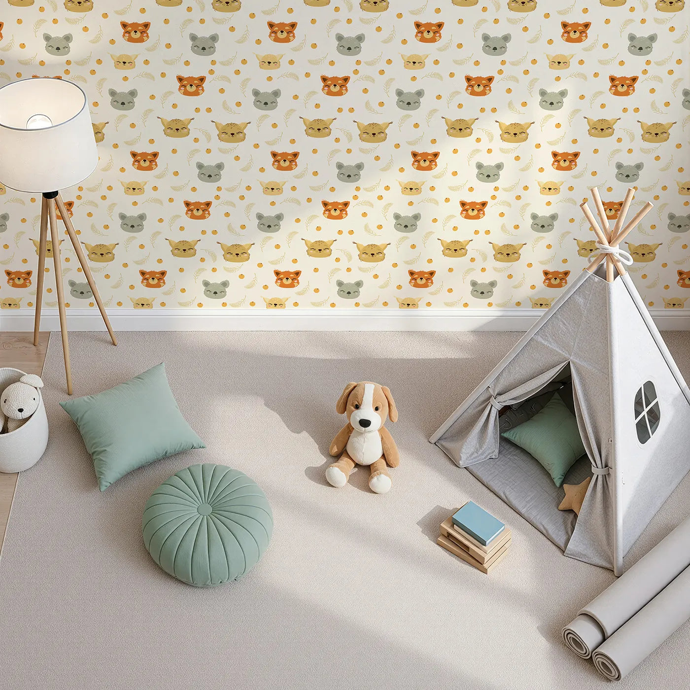 Top-Down view of Whimsy Tots' Outback Snuggle Faces Wallpaper in Cream (W3162A).Sweet animal faces peek out with love and laughter in every glance.