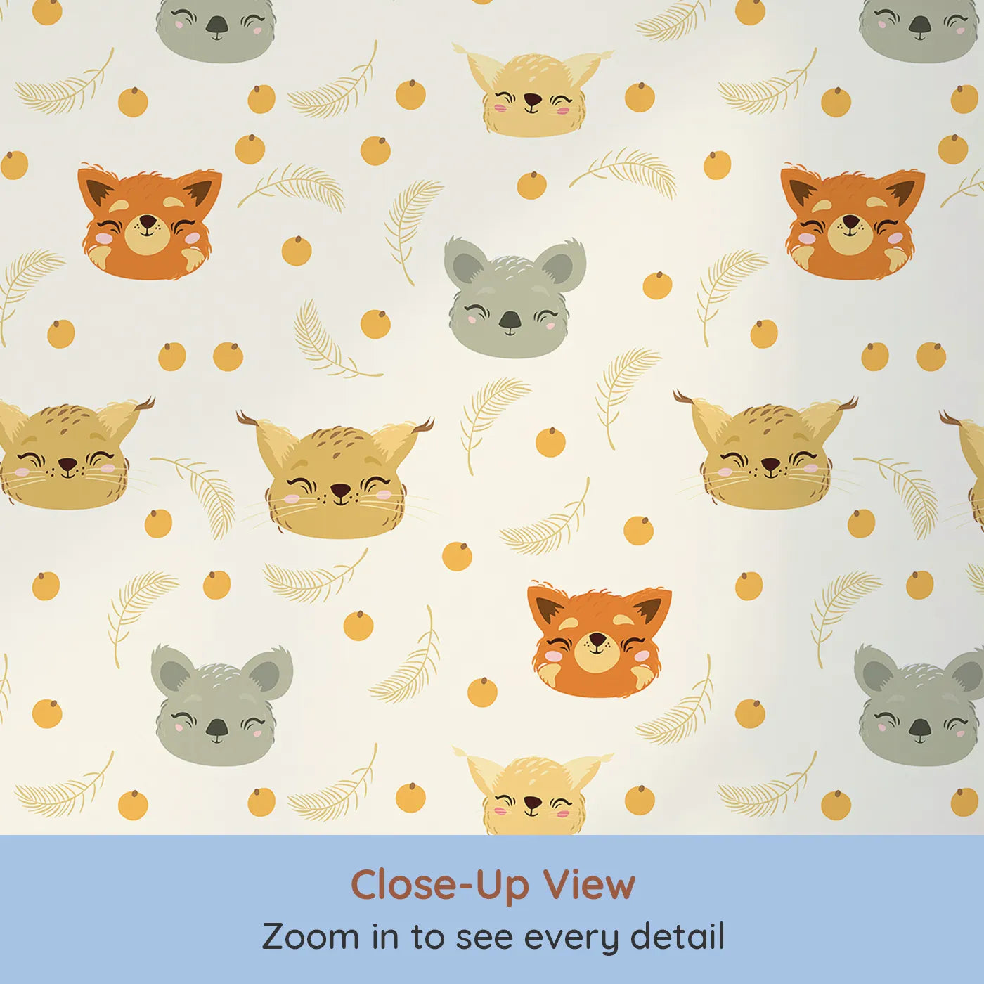 Close-up view of Whimsy Tots' Outback Snuggle Faces Wallpaper in Cream (W3162A).Sweet animal faces peek out with love and laughter in every glance.