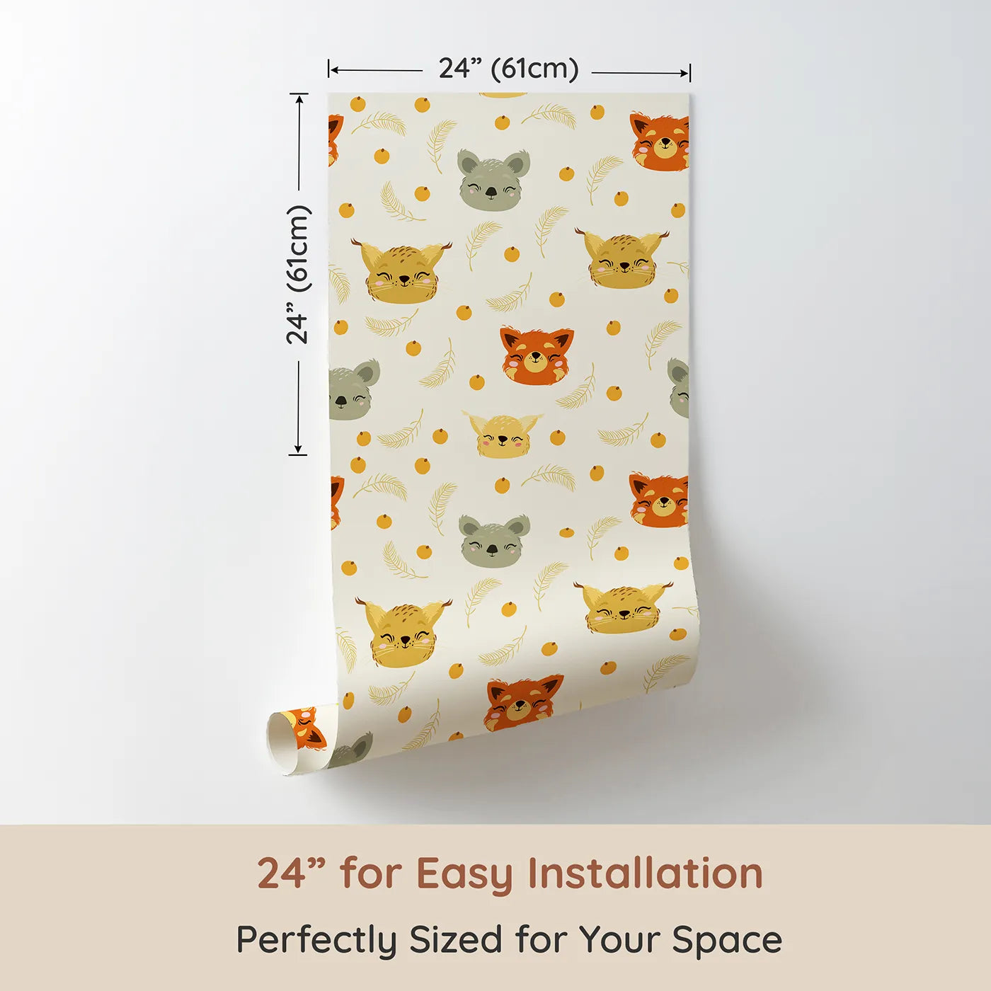 Dimension view of Whimsy Tots Outback Snuggle Faces Wallpaper in Cream (W3162A). Printed in 24-inch-wide panel for easy installation. Sweet animal faces peek out with love and laughter in every glance.