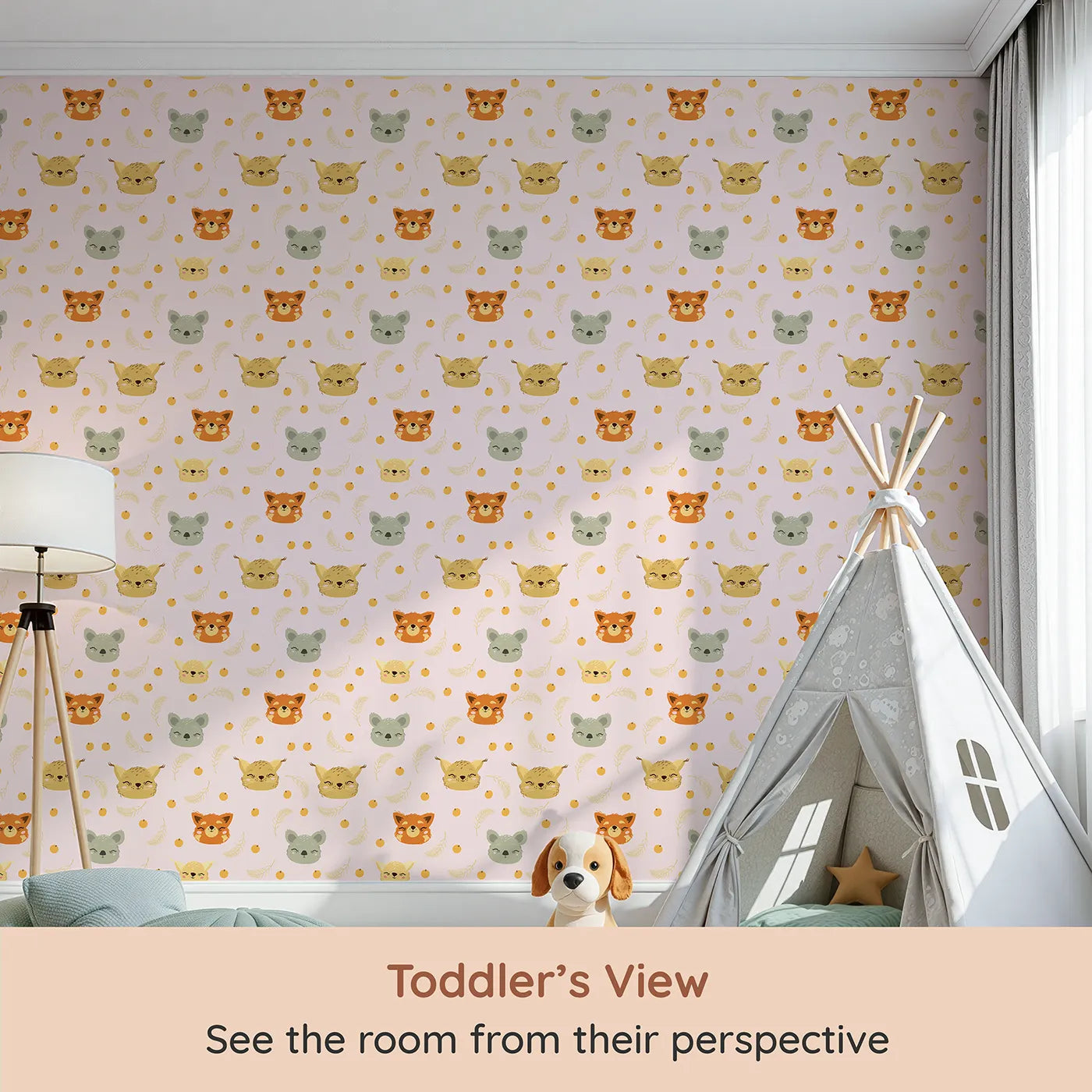 Whimsy Tots Outback Snuggle Faces Wallpaper in Blush Pink (W3162B) from your child's view.Gentle animal faces beam with joy across a field of pink and play.
