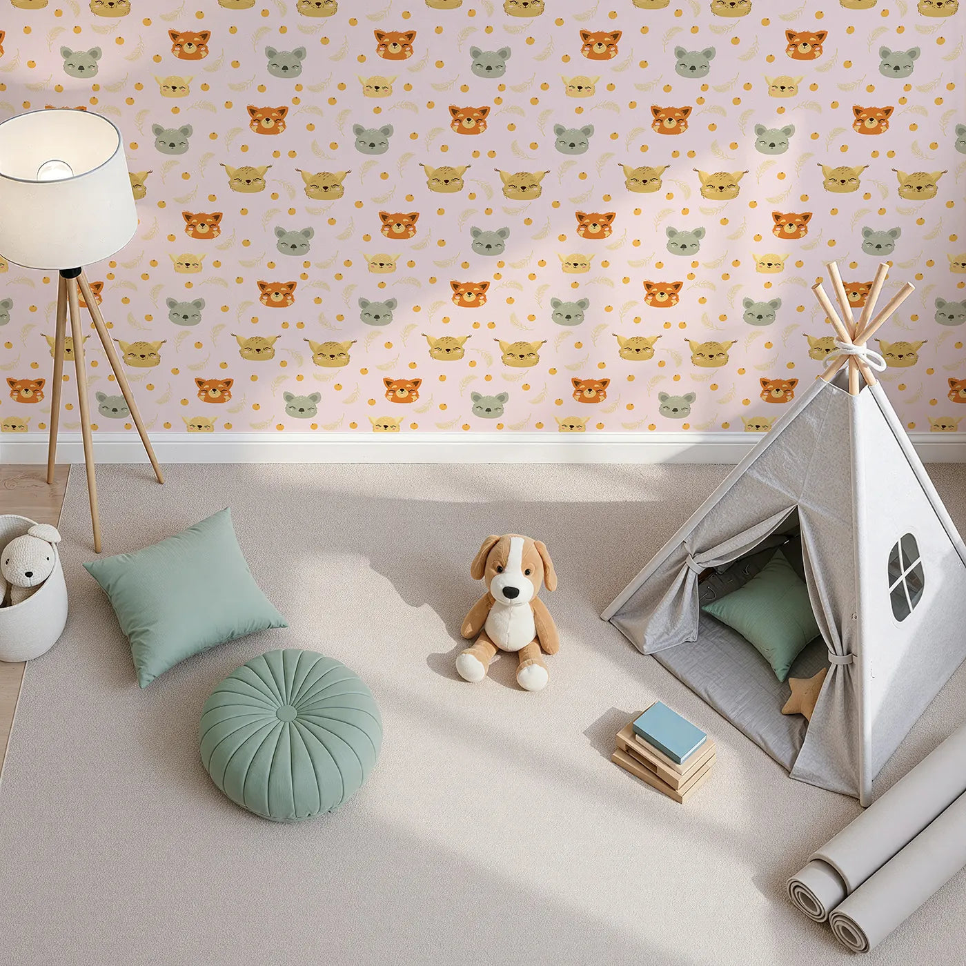 Top-Down view of Whimsy Tots' Outback Snuggle Faces Wallpaper in Blush Pink (W3162B).Gentle animal faces beam with joy across a field of pink and play.
