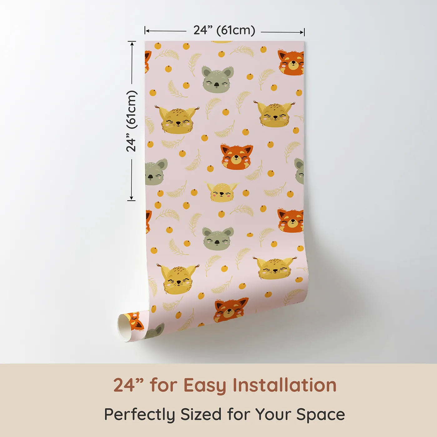 Dimension view of Whimsy Tots Outback Snuggle Faces Wallpaper in Blush Pink (W3162B). Printed in 24-inch-wide panel for easy installation. Gentle animal faces beam with joy across a field of pink and play.