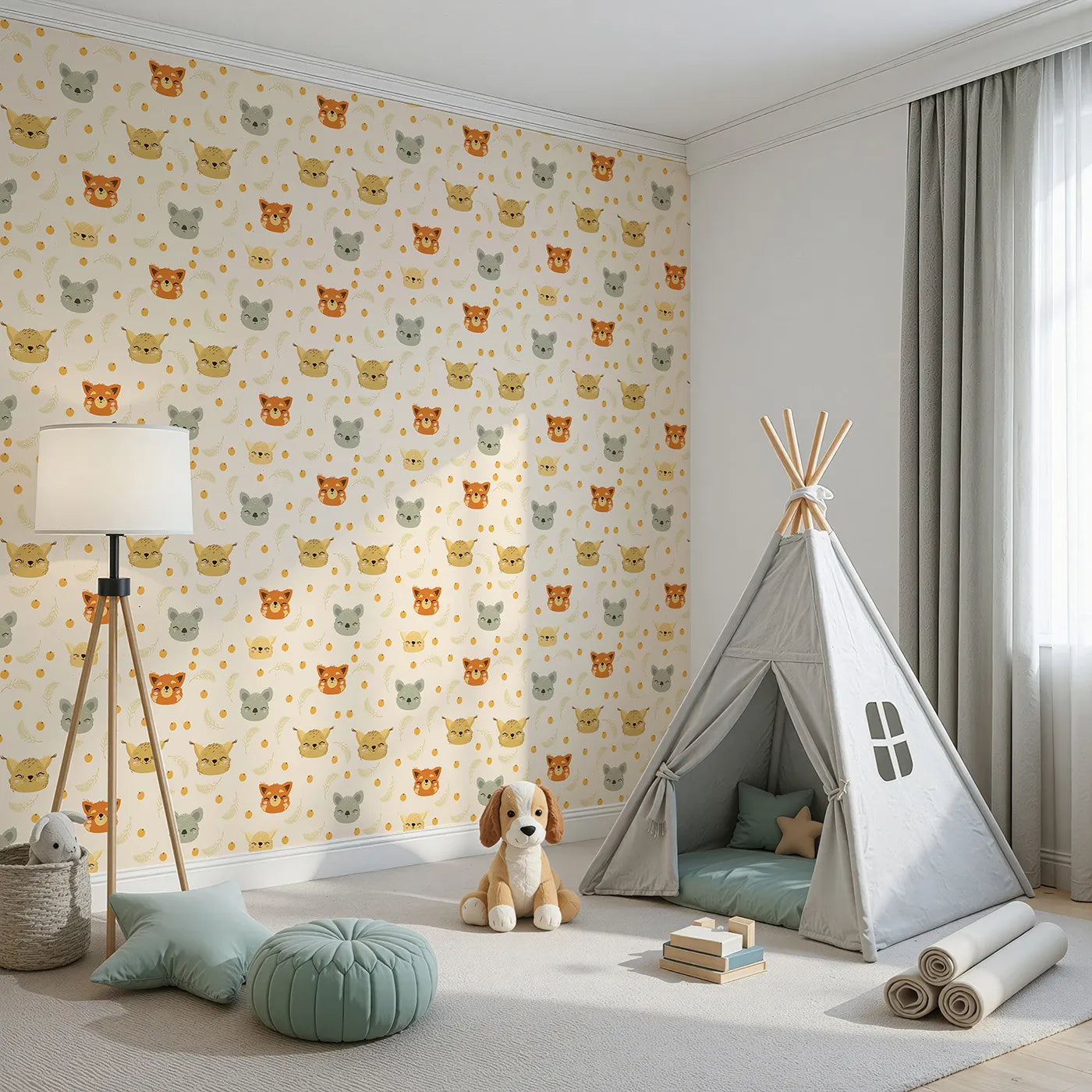 Angled view of Whimsy Tots' Outback Snuggle Faces Wallpaper in Sandstone (W3162C).Friendly animal faces peek out with warmth and whimsy across a sandy sky.