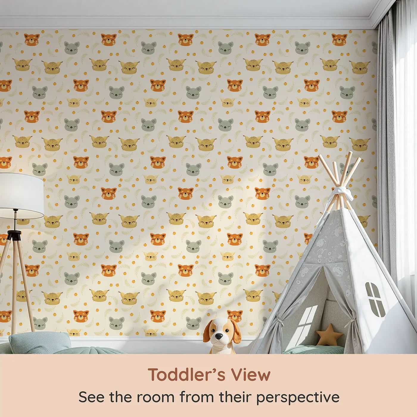 Whimsy Tots Outback Snuggle Faces Wallpaper in Sandstone (W3162C) from your child's view.Friendly animal faces peek out with warmth and whimsy across a sandy sky.