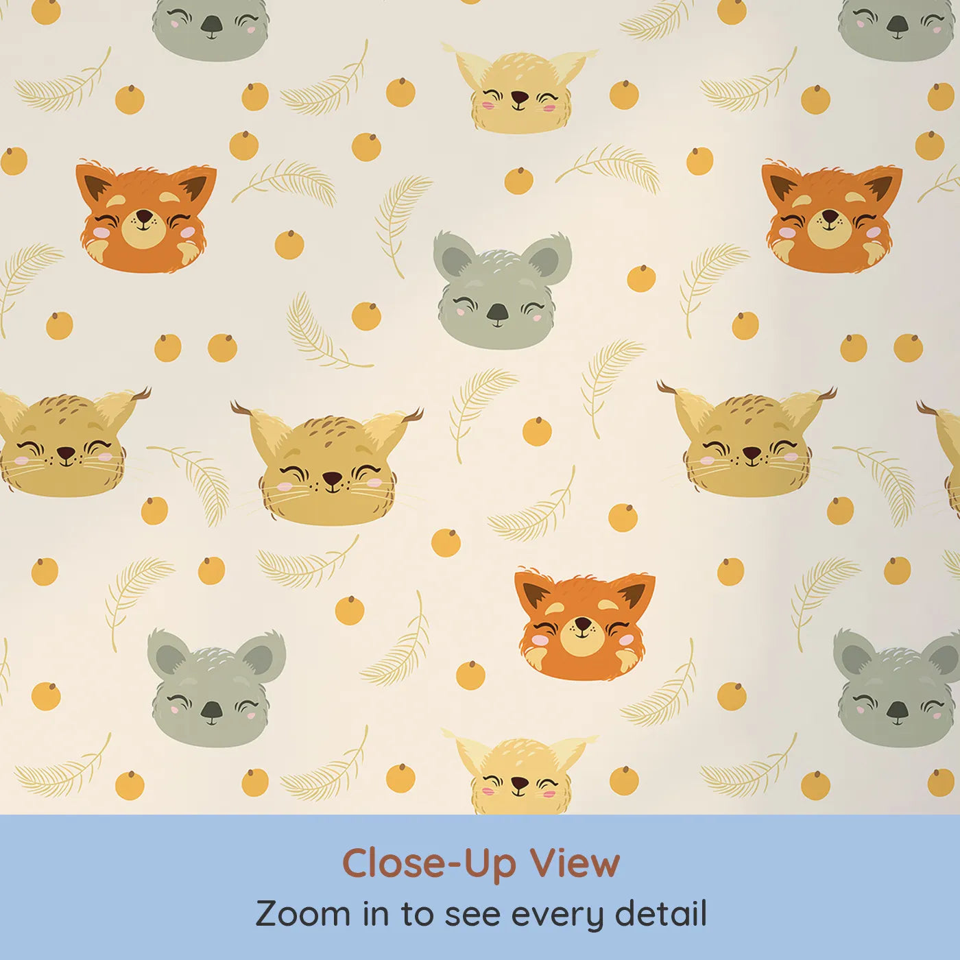 Close-up view of Whimsy Tots' Outback Snuggle Faces Wallpaper in Sandstone (W3162C).Friendly animal faces peek out with warmth and whimsy across a sandy sky.