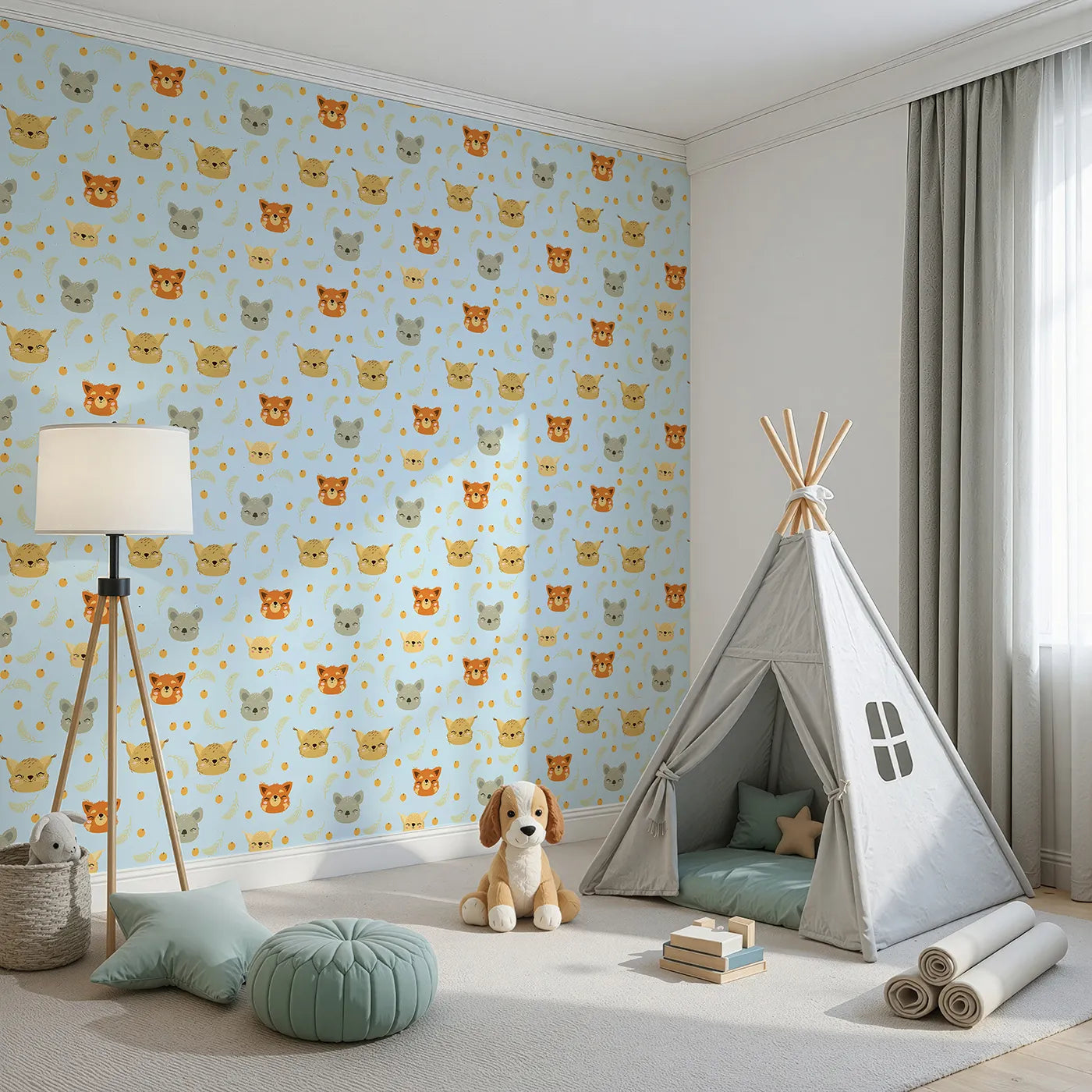 Angled view of Whimsy Tots' Outback Snuggle Faces Wallpaper in Sky Blue (W3162E).Cheerful animal faces float across a soft sky filled with warmth and joy.