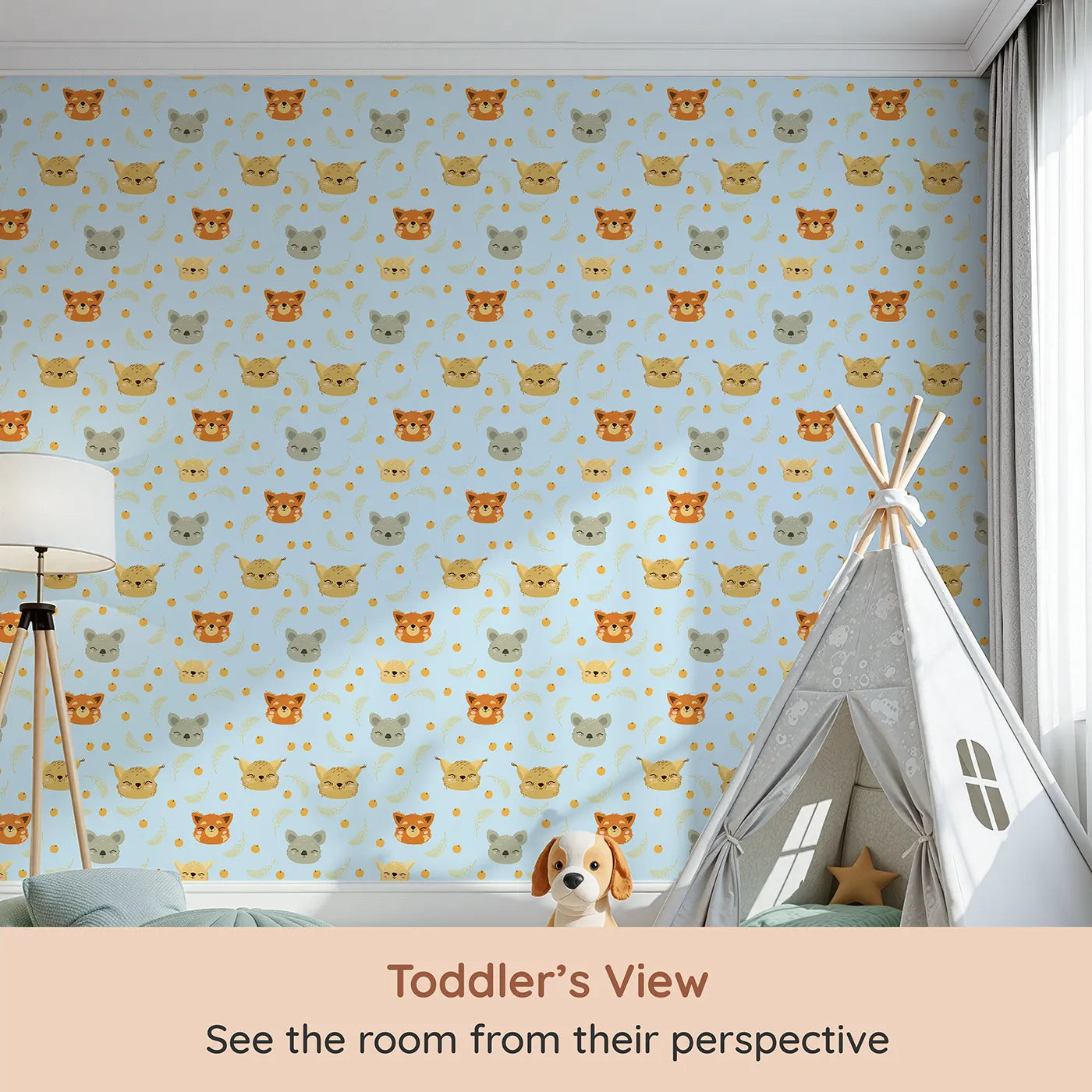 Whimsy Tots Outback Snuggle Faces Wallpaper in Sky Blue (W3162E) from your child's view.Cheerful animal faces float across a soft sky filled with warmth and joy.