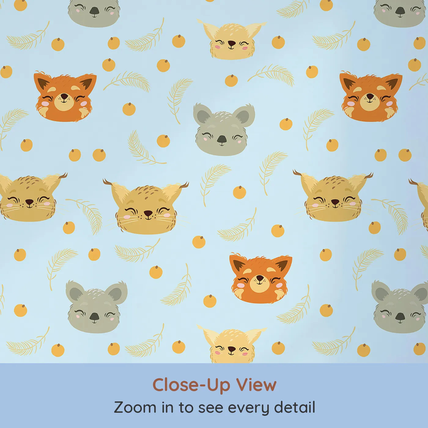Close-up view of Whimsy Tots' Outback Snuggle Faces Wallpaper in Sky Blue (W3162E).Cheerful animal faces float across a soft sky filled with warmth and joy.