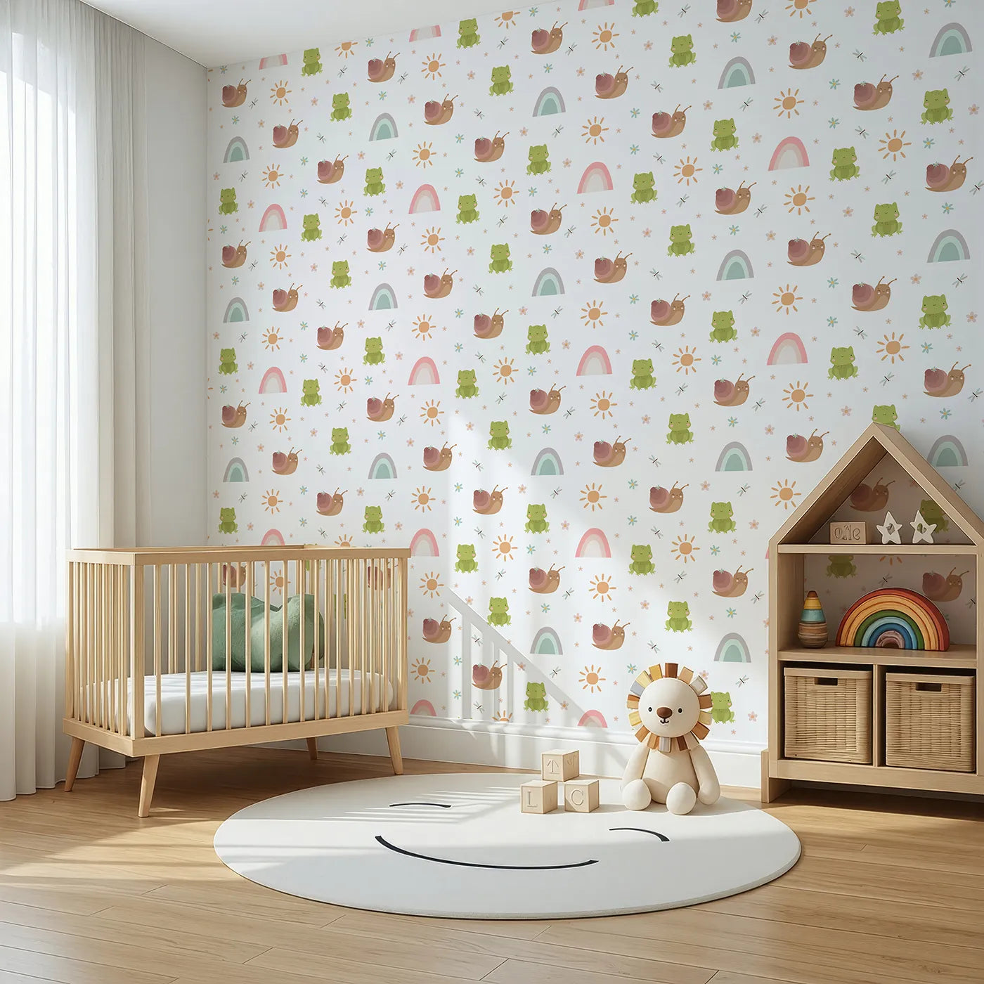 Angled view of Whimsy Tots' Garden Hop and Snail Trail Wallpaper in White (W3163A).Happy frogs, snails, and sunshine bring cheerful calm to every wall.
