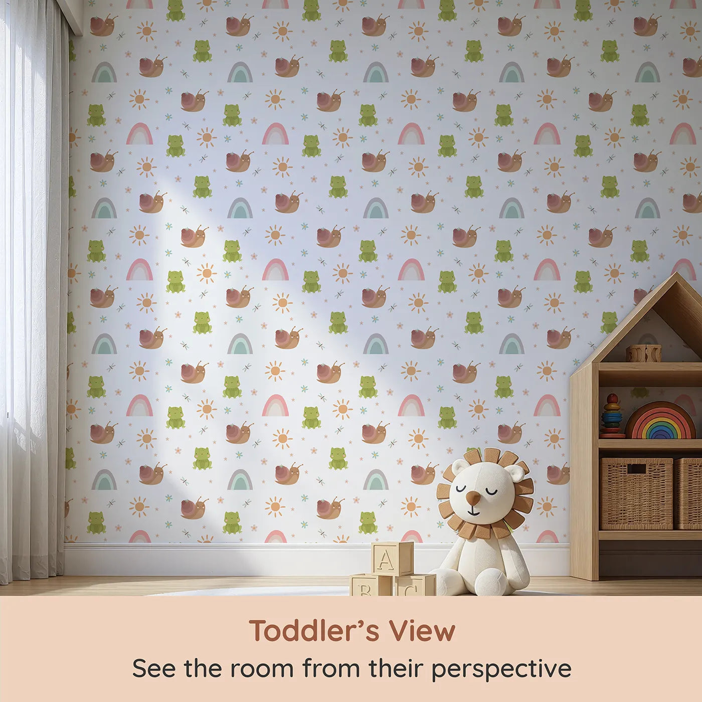 Whimsy Tots Garden Hop and Snail Trail Wallpaper in White (W3163A) from your child's view.Happy frogs, snails, and sunshine bring cheerful calm to every wall.