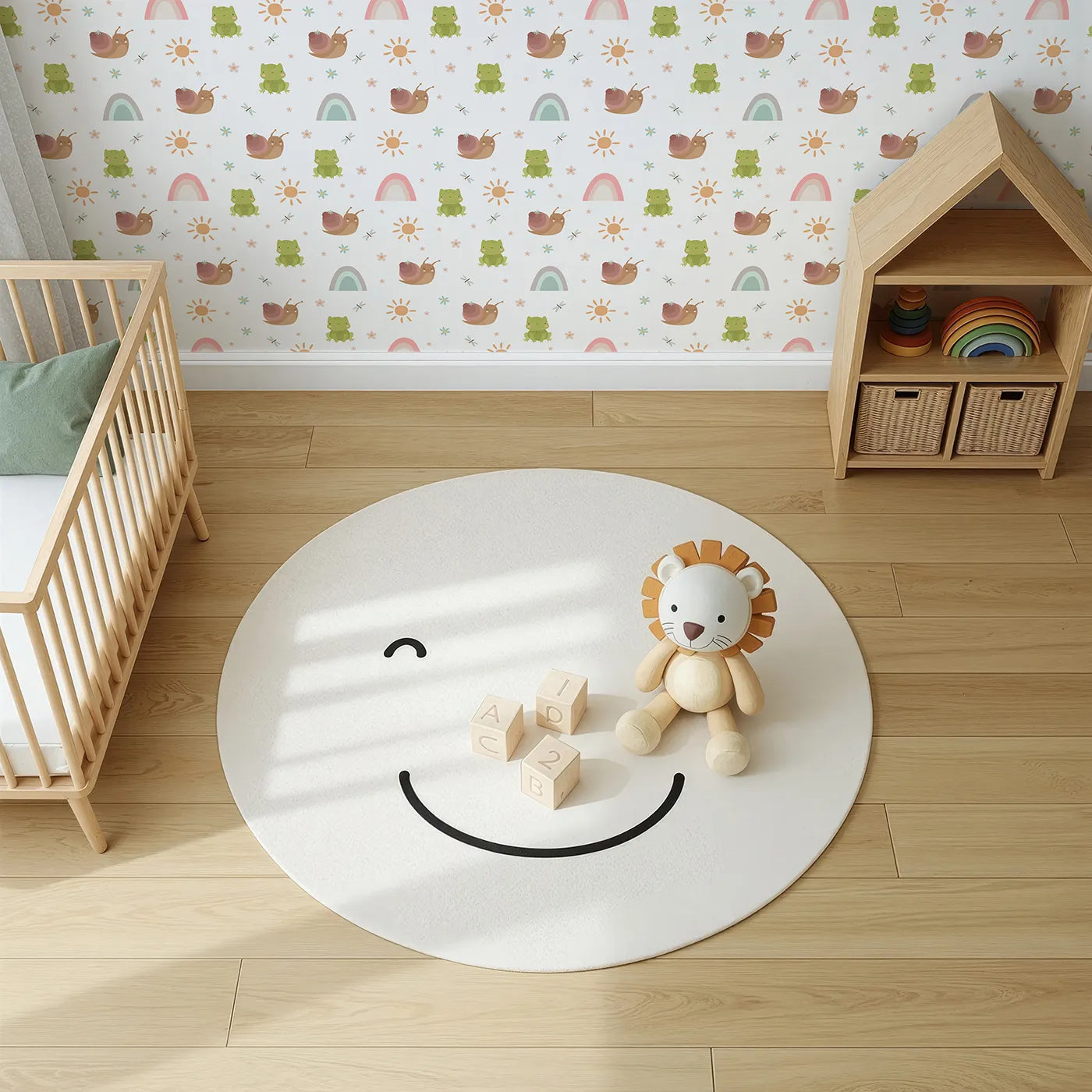 Top-Down view of Whimsy Tots' Garden Hop and Snail Trail Wallpaper in White (W3163A).Happy frogs, snails, and sunshine bring cheerful calm to every wall.