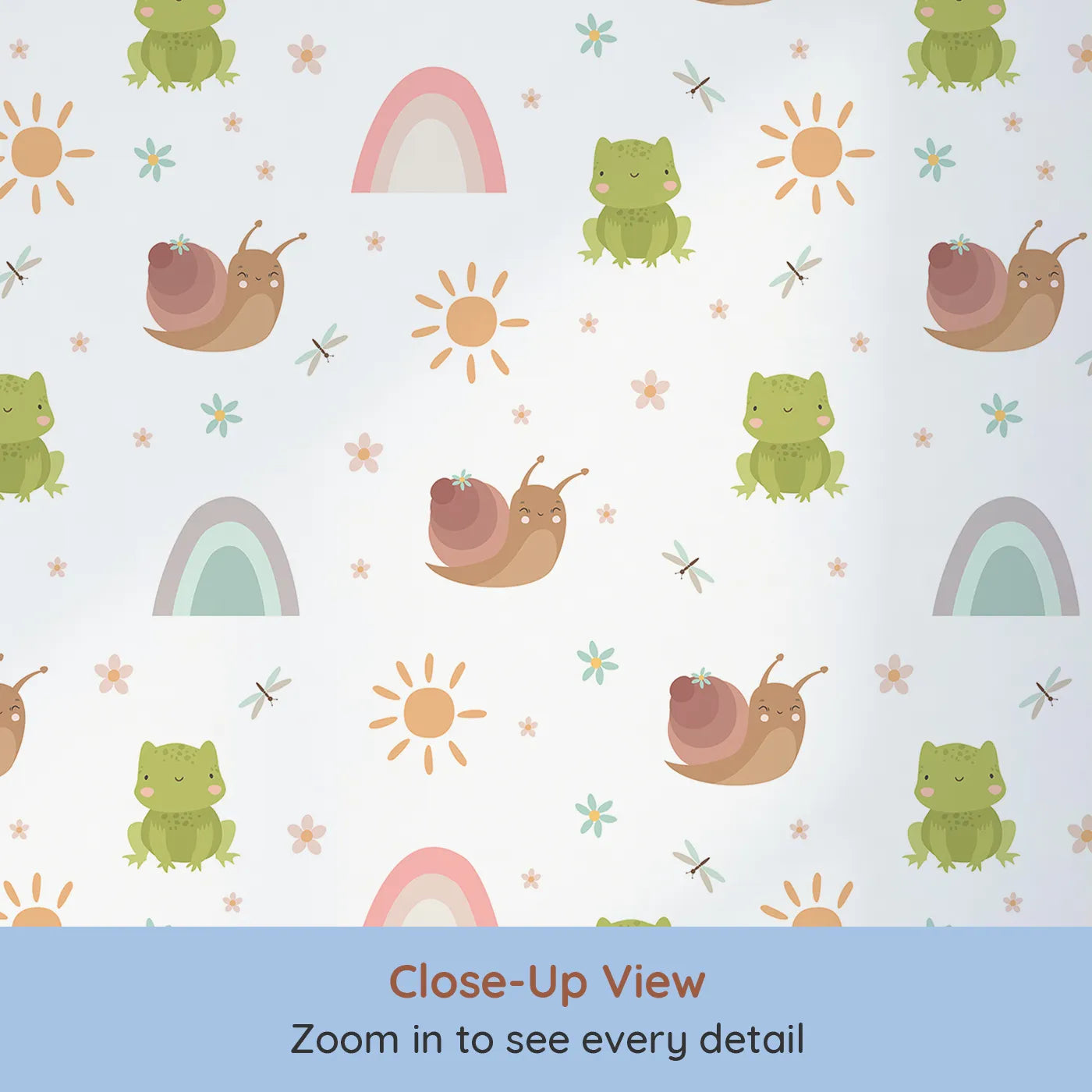 Close-up view of Whimsy Tots' Garden Hop and Snail Trail Wallpaper in White (W3163A).Happy frogs, snails, and sunshine bring cheerful calm to every wall.
