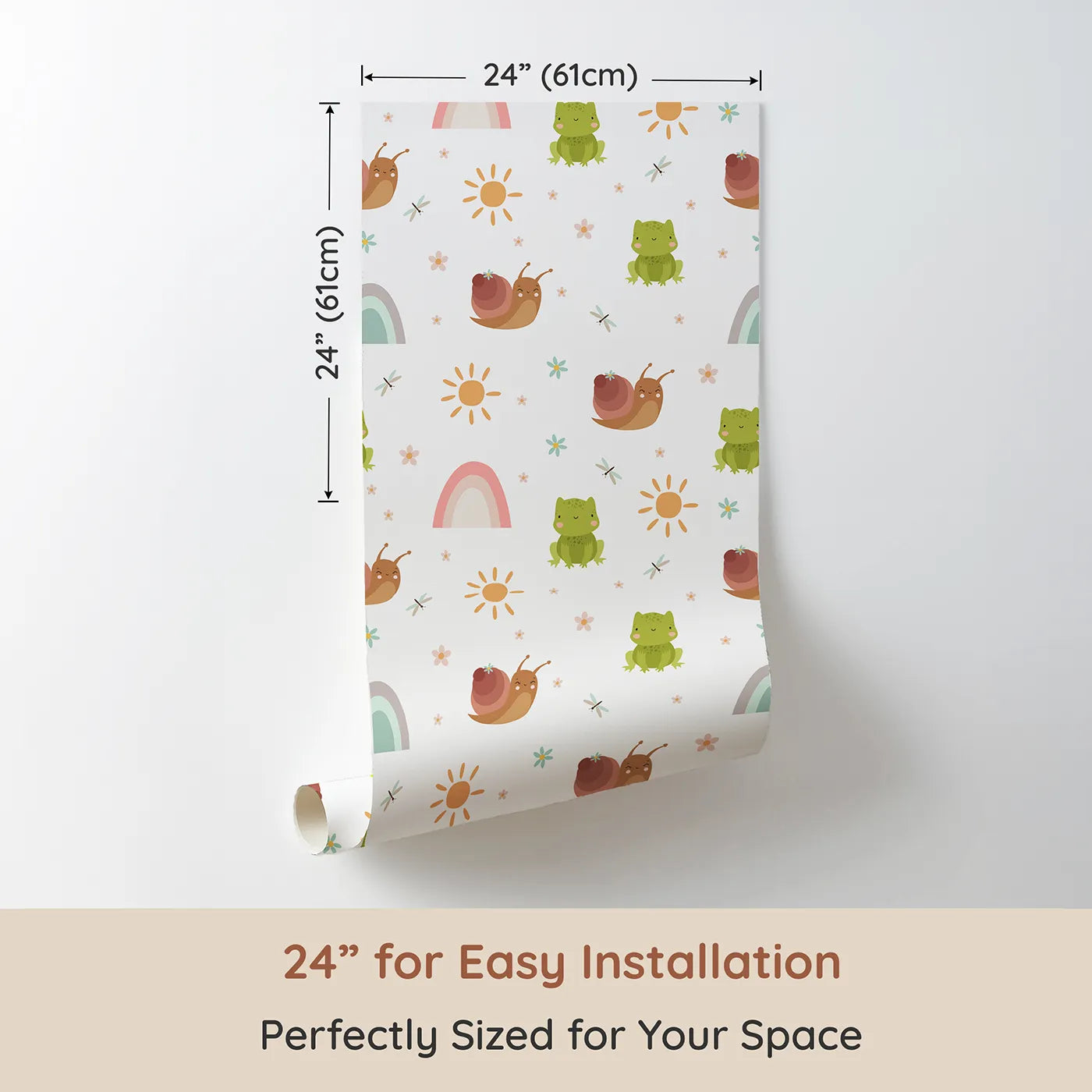 Dimension view of Whimsy Tots Garden Hop and Snail Trail Wallpaper in White (W3163A). Printed in 24-inch-wide panel for easy installation. Happy frogs, snails, and sunshine bring cheerful calm to every wall.