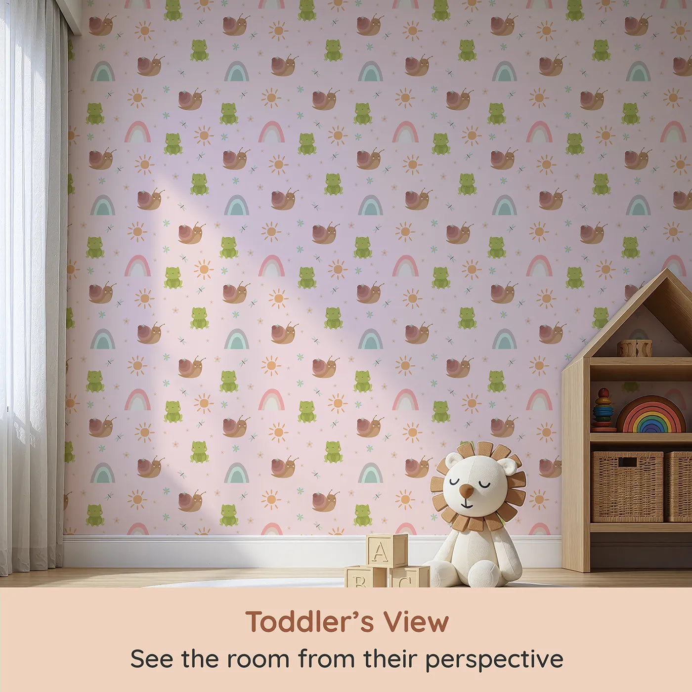 Whimsy Tots Garden Hop and Snail Trail Wallpaper in Blush Pink (W3163B) from your child's view.Cheerful frogs and snails wiggle gently across a blushing garden of smiles.
