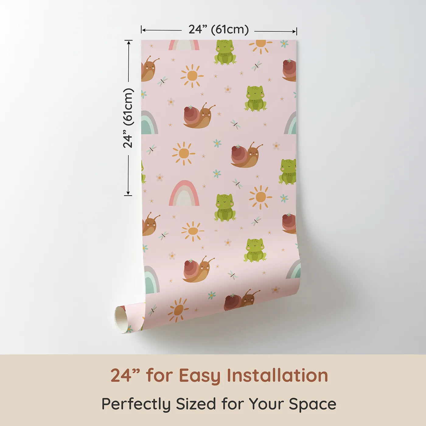 Dimension view of Whimsy Tots Garden Hop and Snail Trail Wallpaper in Blush Pink (W3163B). Printed in 24-inch-wide panel for easy installation. Cheerful frogs and snails wiggle gently across a blushing garden of smiles.
