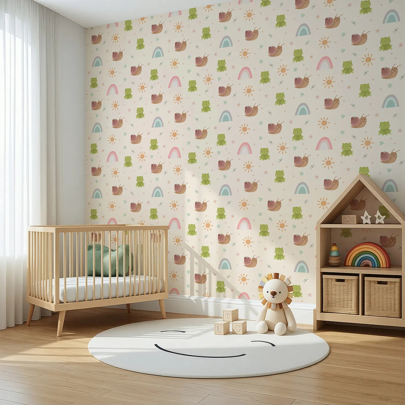 Angled view of Whimsy Tots' Garden Hop and Snail Trail Wallpaper in Cream (W3163C).Frogs and snails bask under warm suns in a cozy cream meadow.