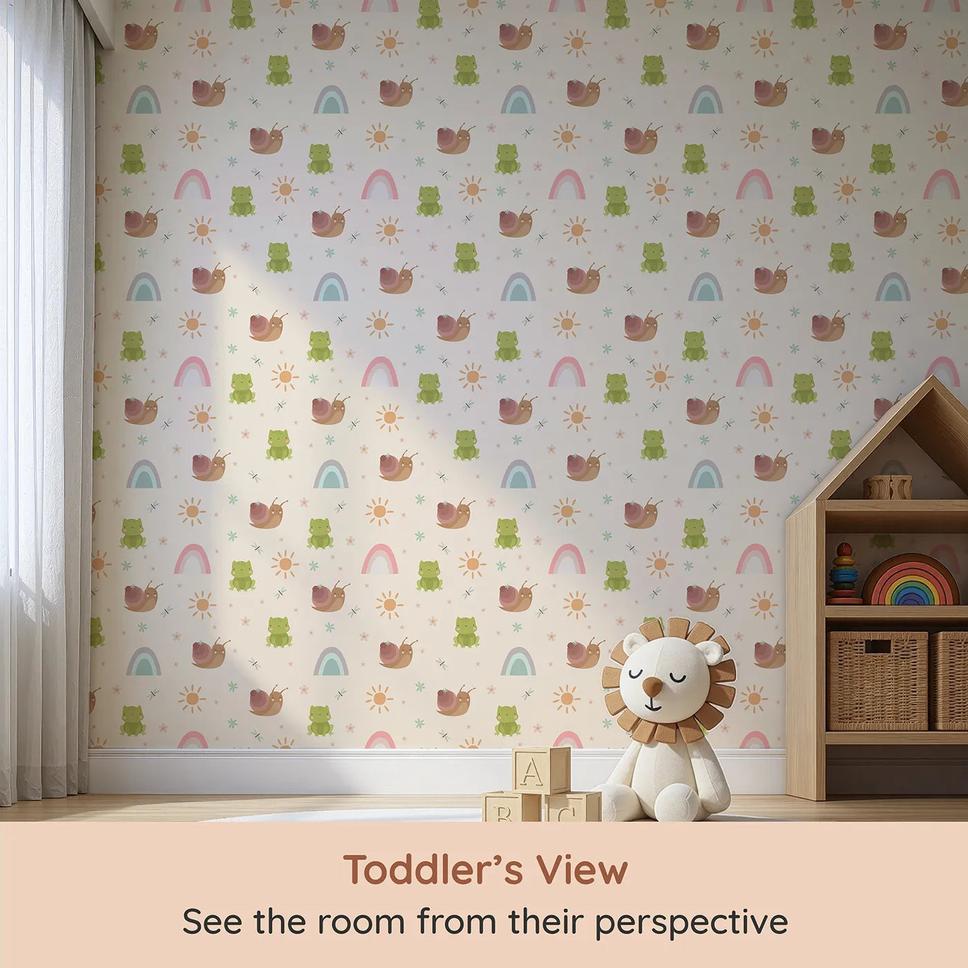 Whimsy Tots Garden Hop and Snail Trail Wallpaper in Cream (W3163C) from your child's view.Frogs and snails bask under warm suns in a cozy cream meadow.