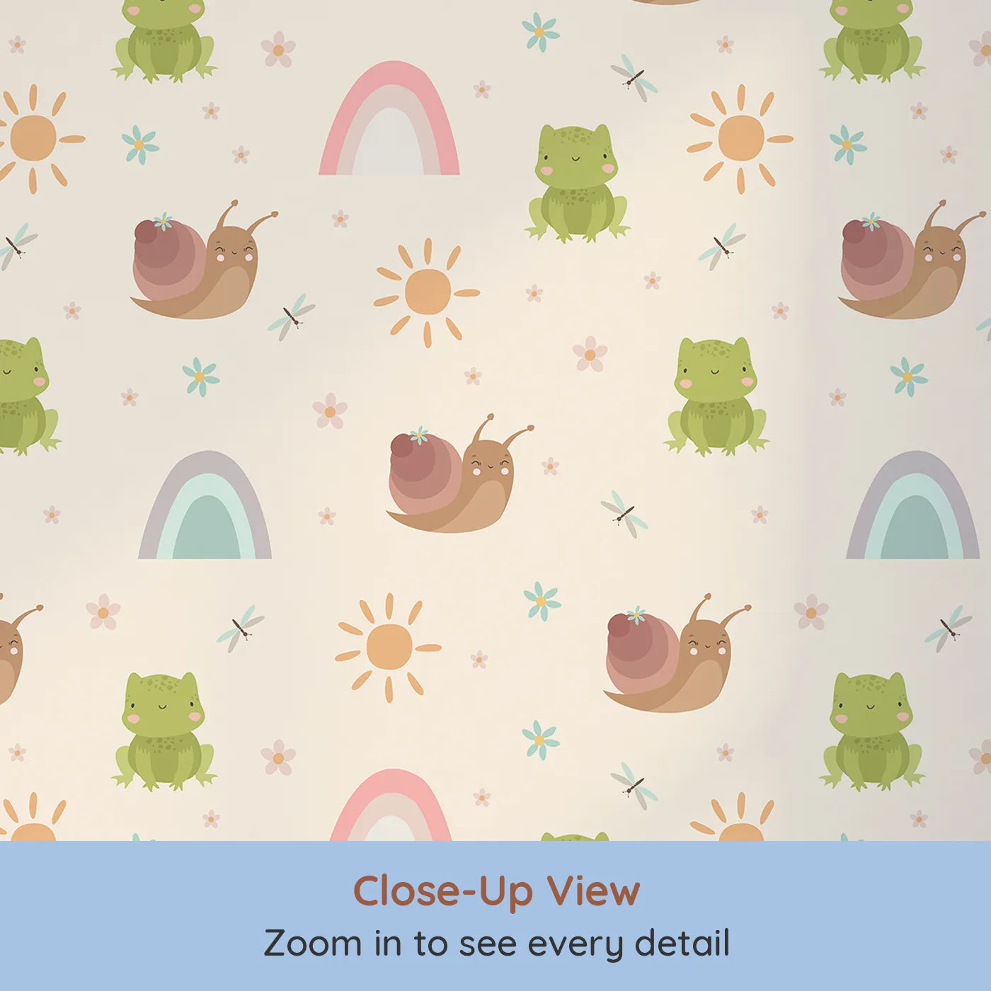 Close-up view of Whimsy Tots' Garden Hop and Snail Trail Wallpaper in Cream (W3163C).Frogs and snails bask under warm suns in a cozy cream meadow.