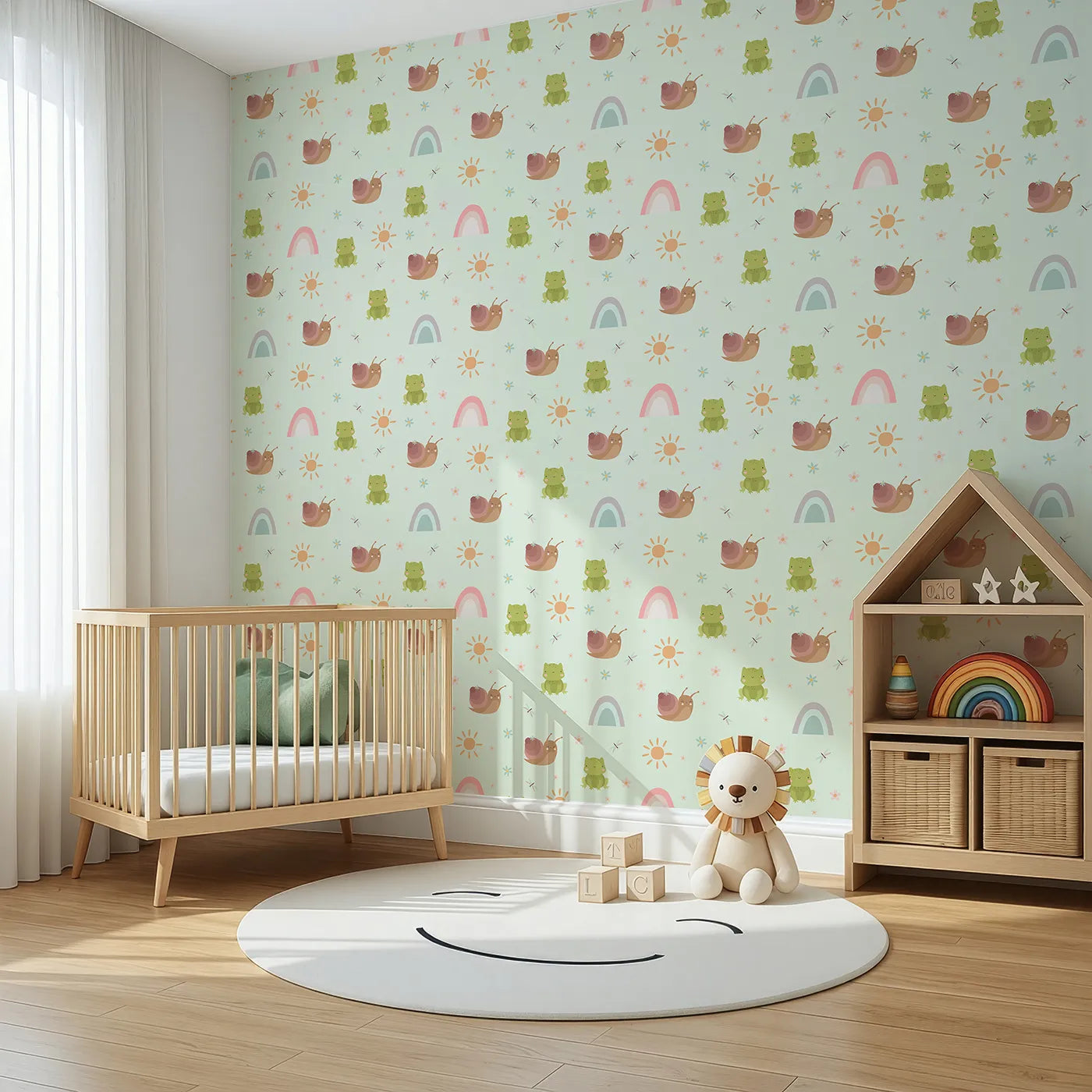 Angled view of Whimsy Tots' Garden Hop and Snail Trail Wallpaper in Mint Green (W3163D).Snails, frogs, and fluttering bugs dance in the soft mint air.