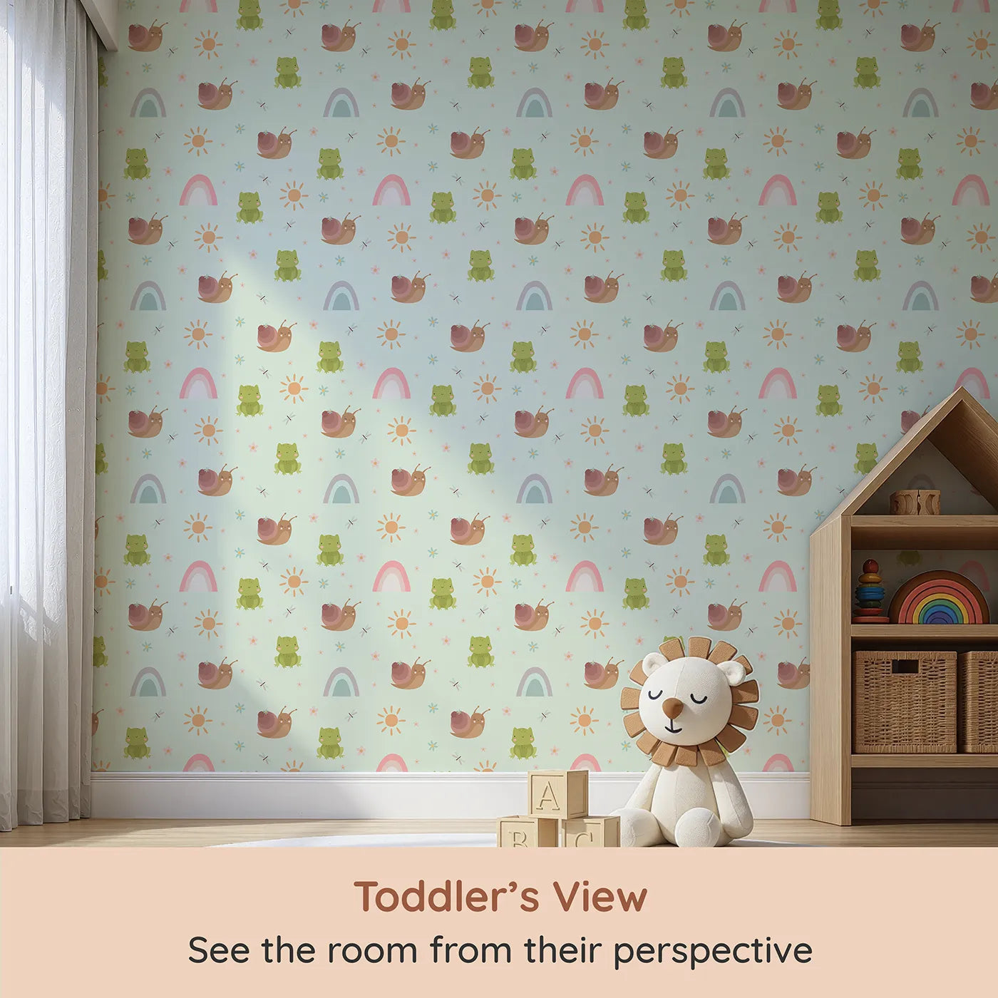 Whimsy Tots Garden Hop and Snail Trail Wallpaper in Mint Green (W3163D) from your child's view.Snails, frogs, and fluttering bugs dance in the soft mint air.