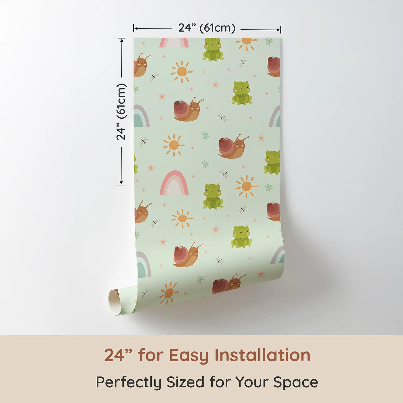 Dimension view of Whimsy Tots Garden Hop and Snail Trail Wallpaper in Mint Green (W3163D). Printed in 24-inch-wide panel for easy installation. Snails, frogs, and fluttering bugs dance in the soft mint air.
