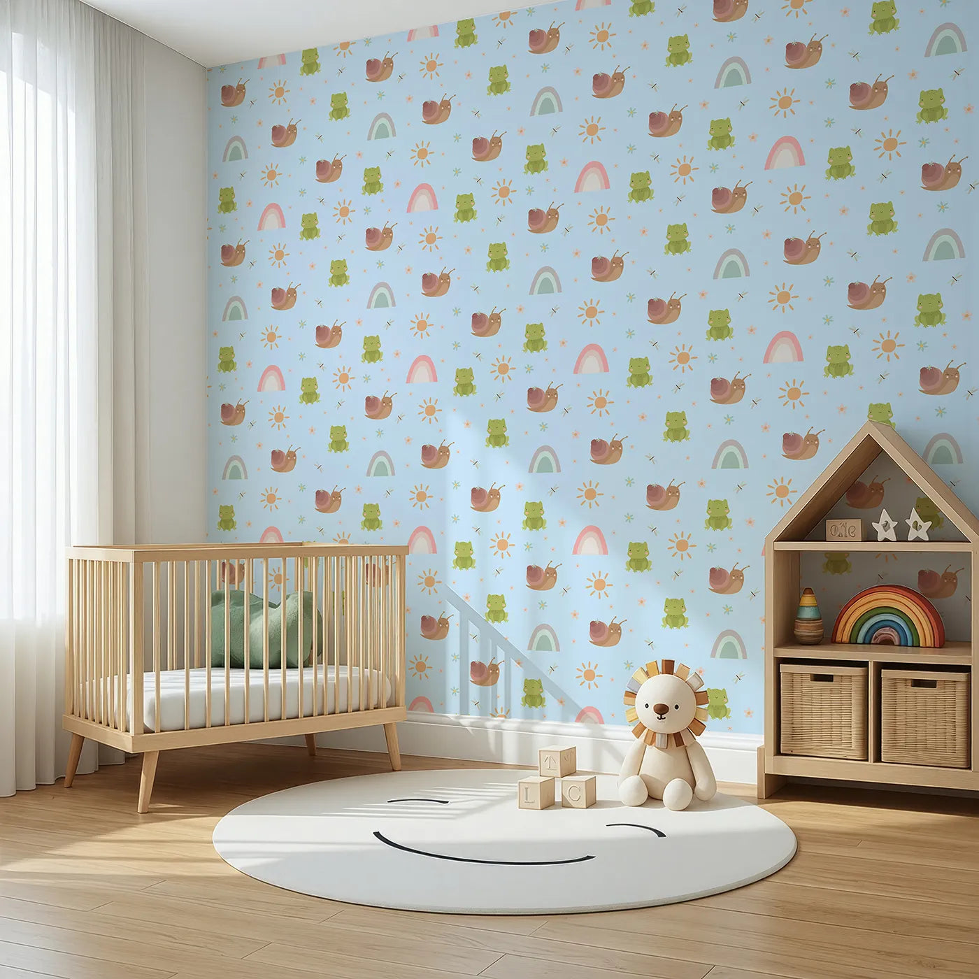 Angled view of Whimsy Tots' Garden Hop and Snail Trail Wallpaper in Sky Blue (W3163E).Friendly garden critters and glowing suns brighten up the soft blue sky.