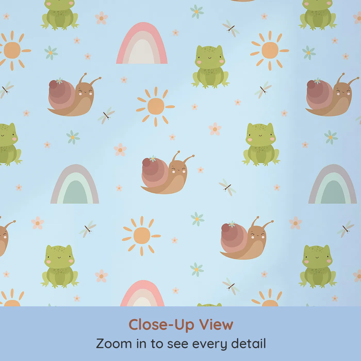 Close-up view of Whimsy Tots' Garden Hop and Snail Trail Wallpaper in Sky Blue (W3163E).Friendly garden critters and glowing suns brighten up the soft blue sky.