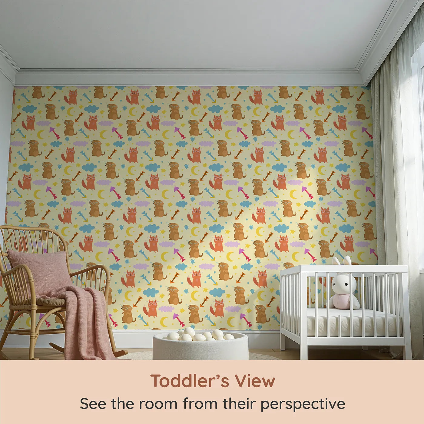 Whimsy Tots Arrow Pup and Foxy Night Parade Wallpaper in Dandelion (W3164A) from your child's view.Whimsical pups and foxy friends wander through a sky full of stars.