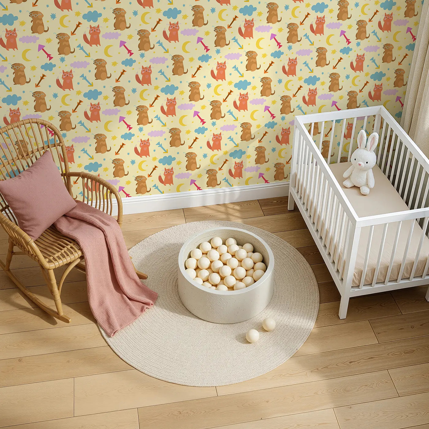 Top-Down view of Whimsy Tots' Arrow Pup and Foxy Night Parade Wallpaper in Dandelion (W3164A).Whimsical pups and foxy friends wander through a sky full of stars.