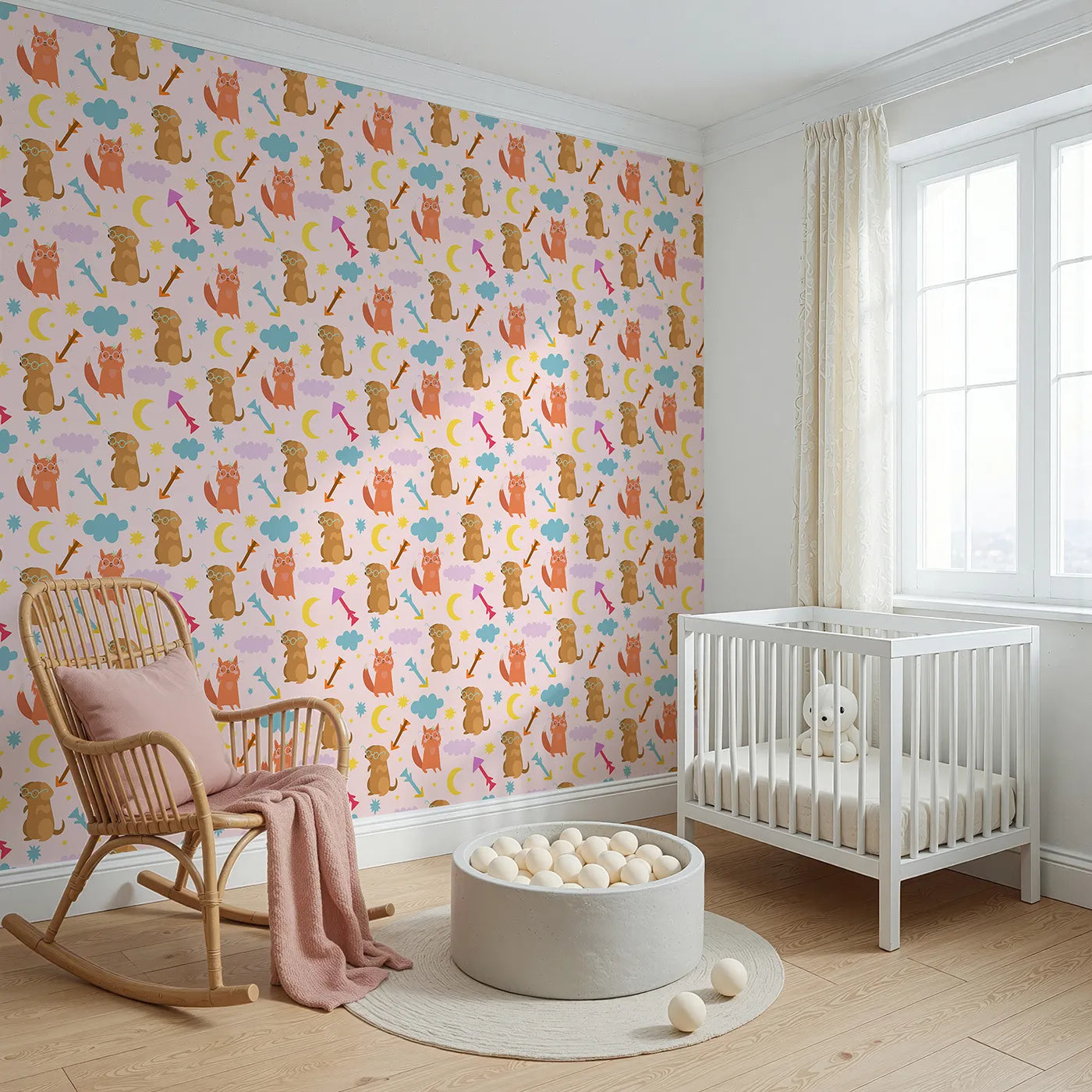 Angled view of Whimsy Tots' Arrow Pup and Foxy Night Parade Wallpaper in Blush Pink (W3164B).Furry friends and colorful arrows skip across a dreamy blush sky.