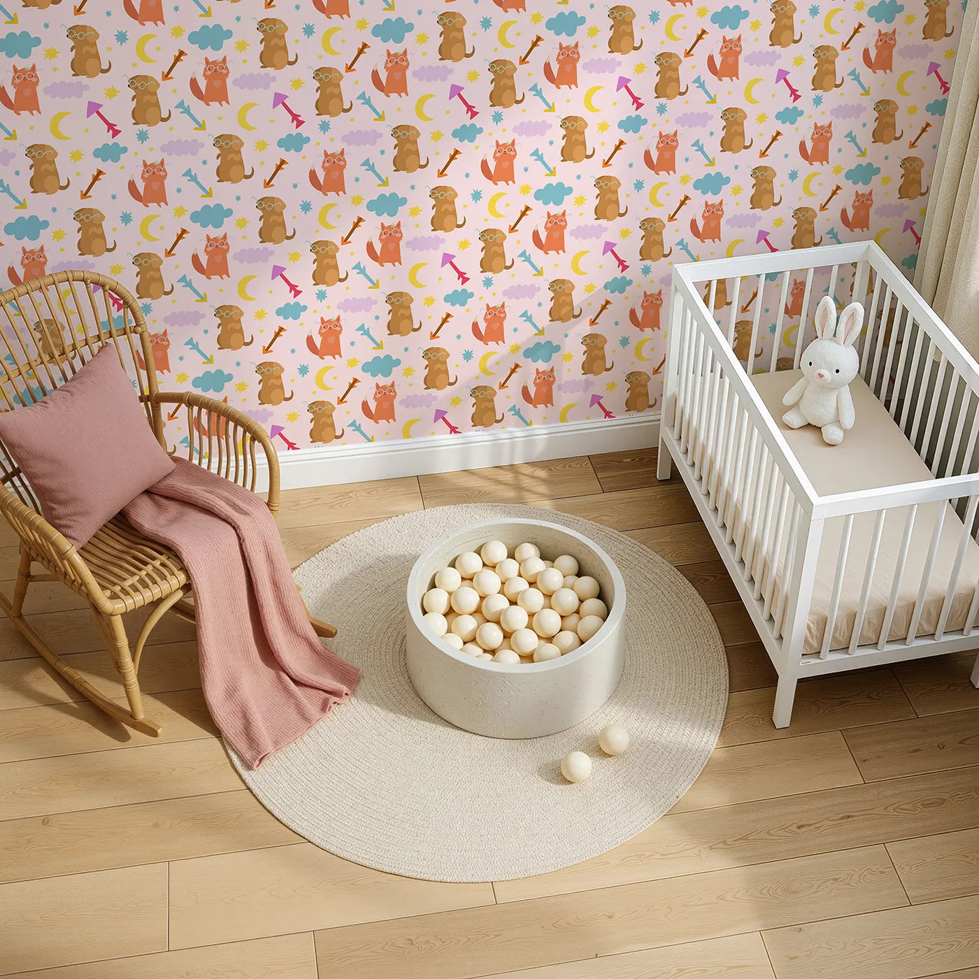 Top-Down view of Whimsy Tots' Arrow Pup and Foxy Night Parade Wallpaper in Blush Pink (W3164B).Furry friends and colorful arrows skip across a dreamy blush sky.