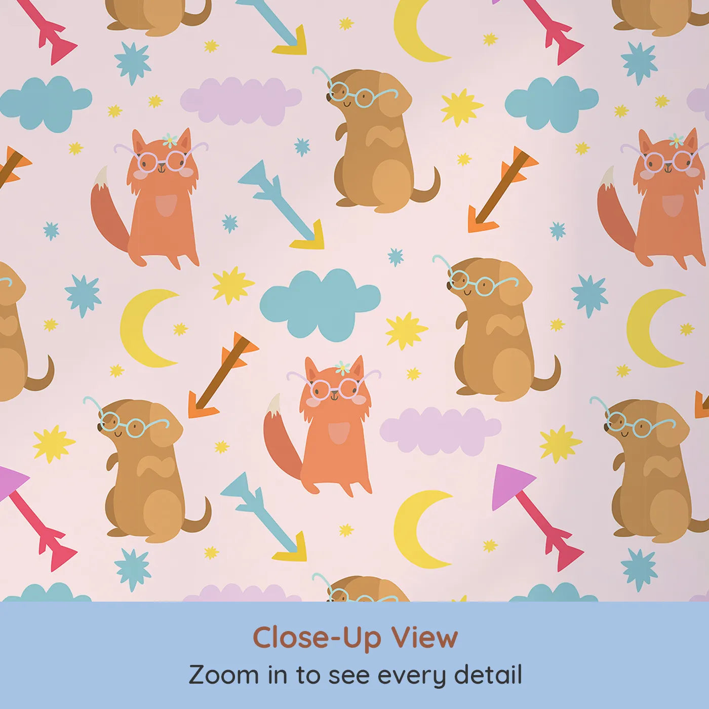 Close-up view of Whimsy Tots' Arrow Pup and Foxy Night Parade Wallpaper in Blush Pink (W3164B).Furry friends and colorful arrows skip across a dreamy blush sky.