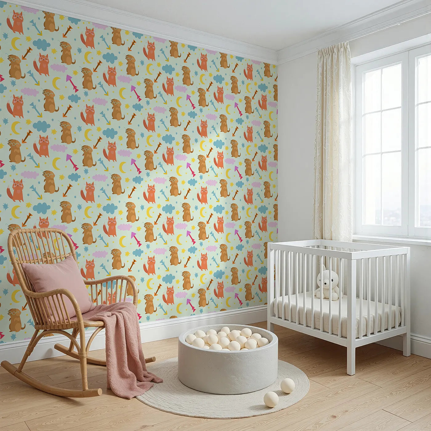 Angled view of Whimsy Tots' Arrow Pup and Foxy Night Parade Wallpaper in Mint Green (W3164C).Playful pups and foxy friends tumble through stars and clouds.
