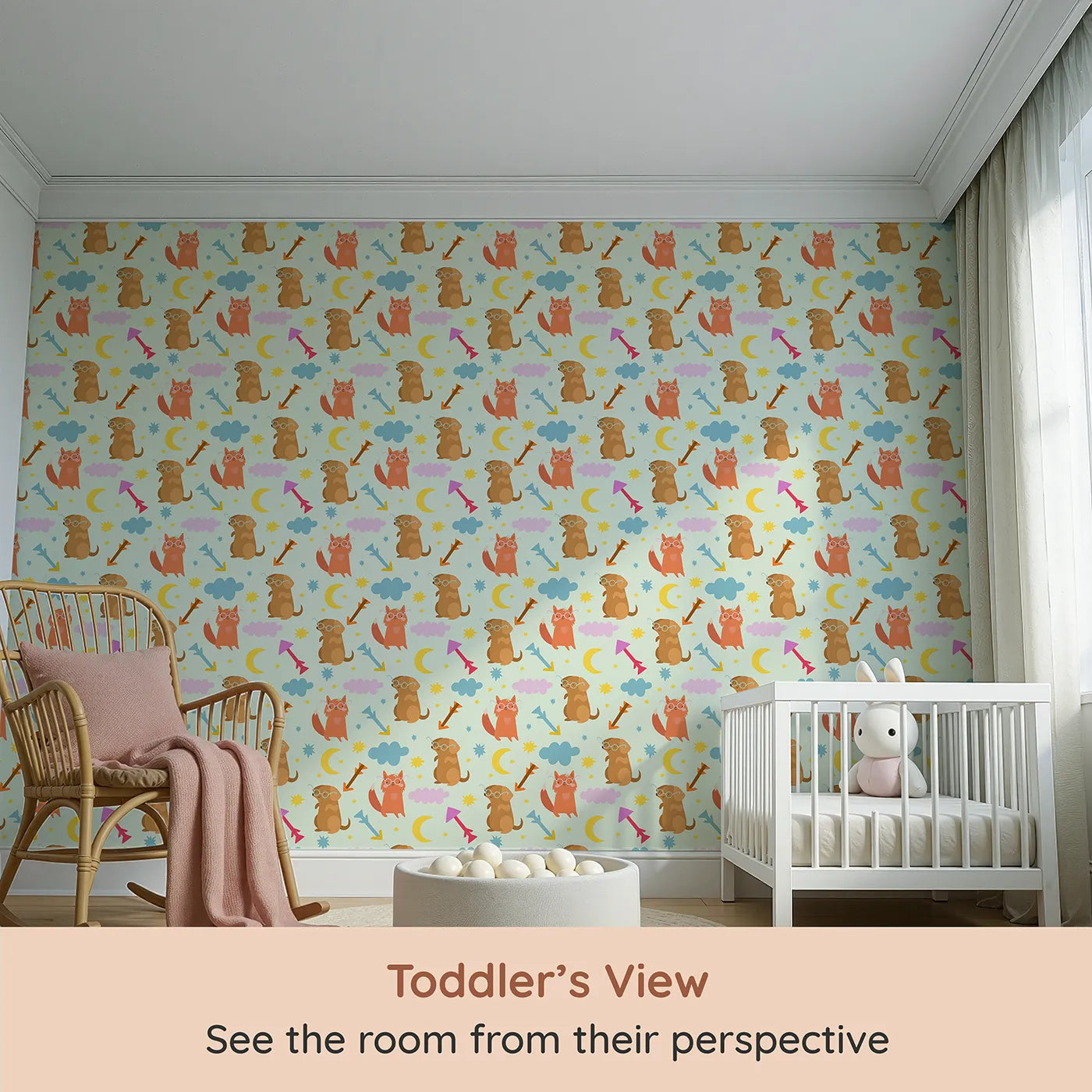 Whimsy Tots Arrow Pup and Foxy Night Parade Wallpaper in Mint Green (W3164C) from your child's view.Playful pups and foxy friends tumble through stars and clouds.