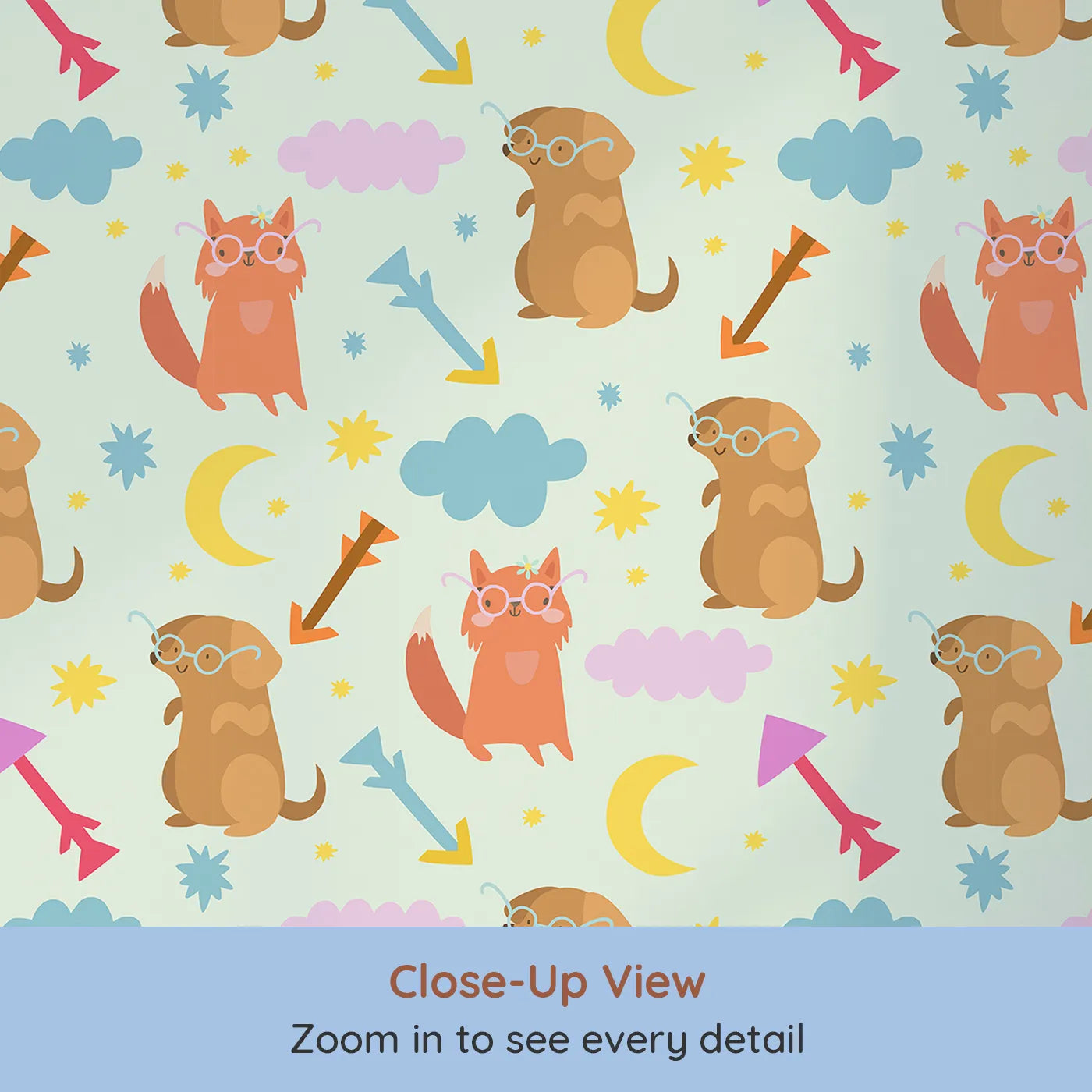 Close-up view of Whimsy Tots' Arrow Pup and Foxy Night Parade Wallpaper in Mint Green (W3164C).Playful pups and foxy friends tumble through stars and clouds.