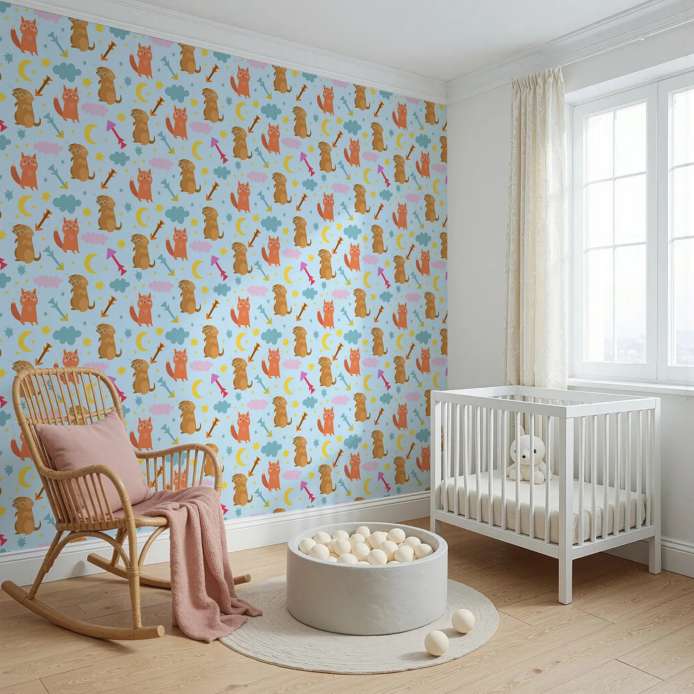 Angled view of Whimsy Tots' Arrow Pup and Foxy Night Parade Wallpaper in Sky Blue (W3164D).Charming pups and foxes wear smiles and spectacles in a playful sky.