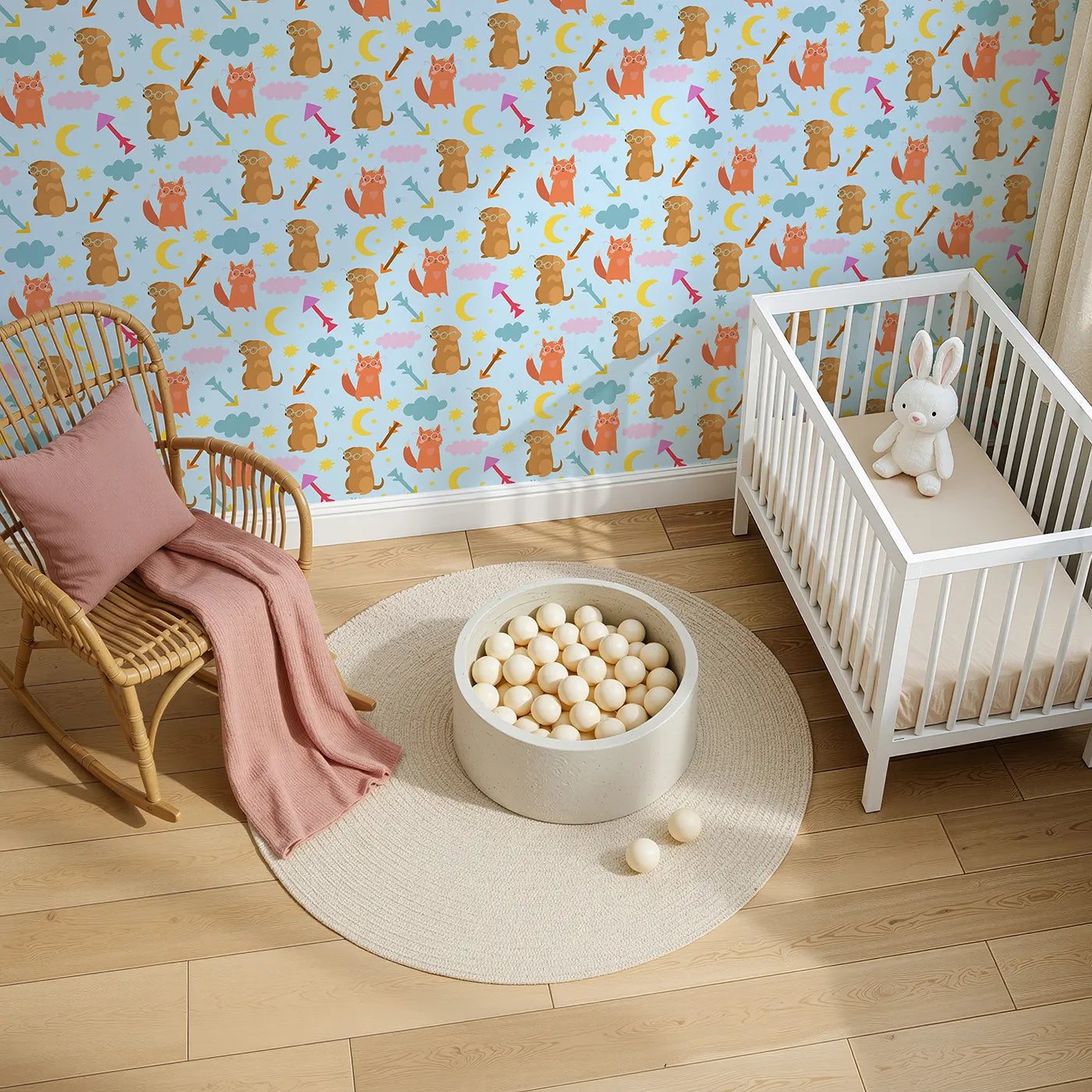 Top-Down view of Whimsy Tots' Arrow Pup and Foxy Night Parade Wallpaper in Sky Blue (W3164D).Charming pups and foxes wear smiles and spectacles in a playful sky.