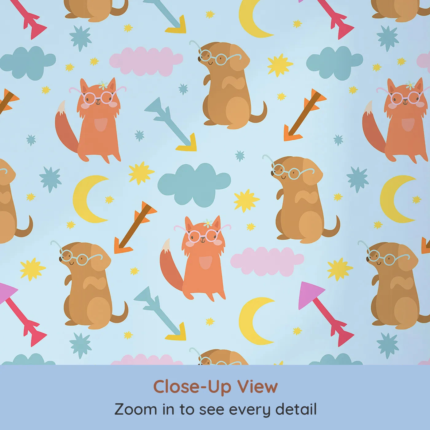 Close-up view of Whimsy Tots' Arrow Pup and Foxy Night Parade Wallpaper in Sky Blue (W3164D).Charming pups and foxes wear smiles and spectacles in a playful sky.
